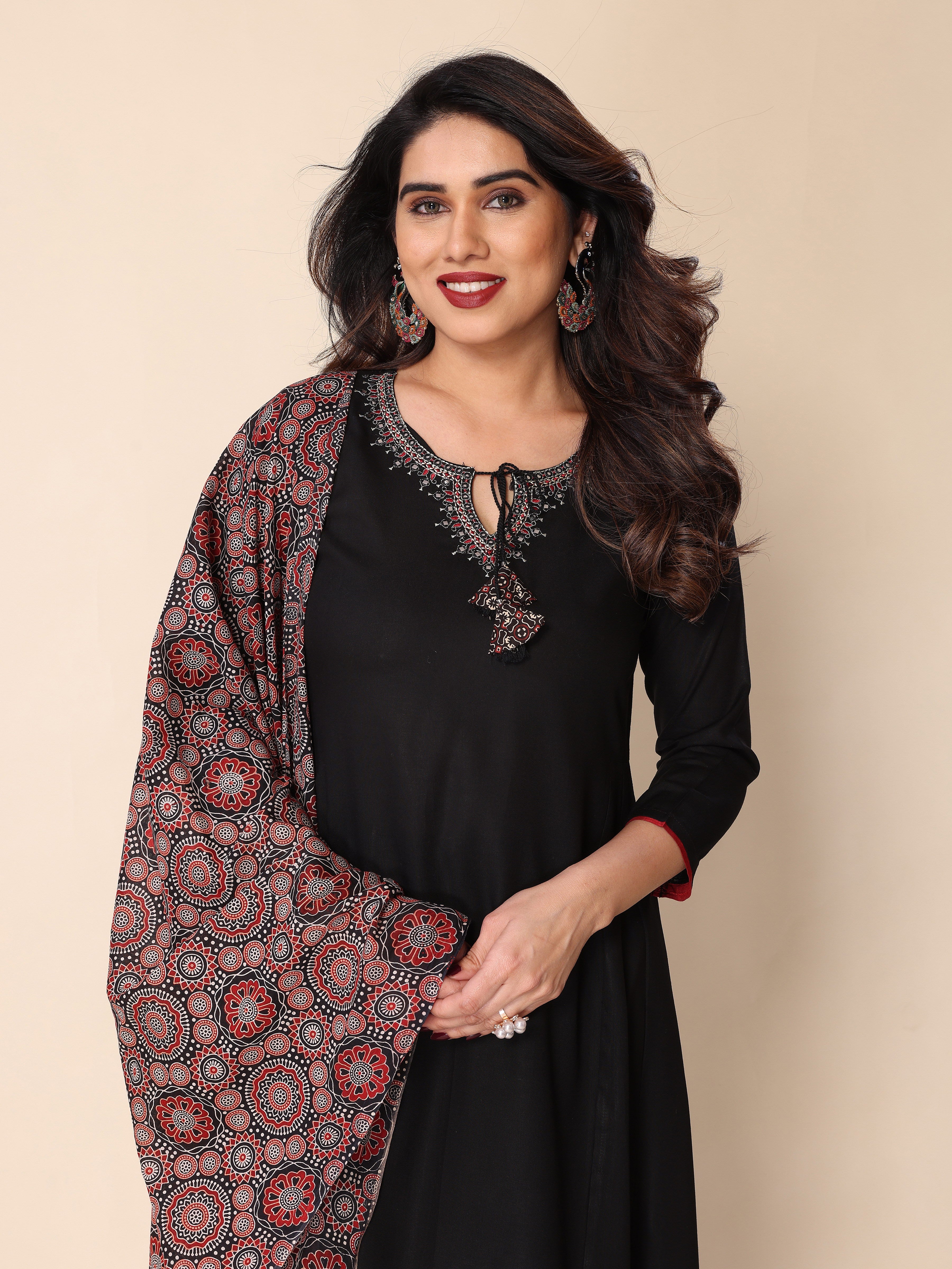 Black Kurta Palazzo Set with Ajrakh Print Dupatta – A Fusion of Tradition and Style
