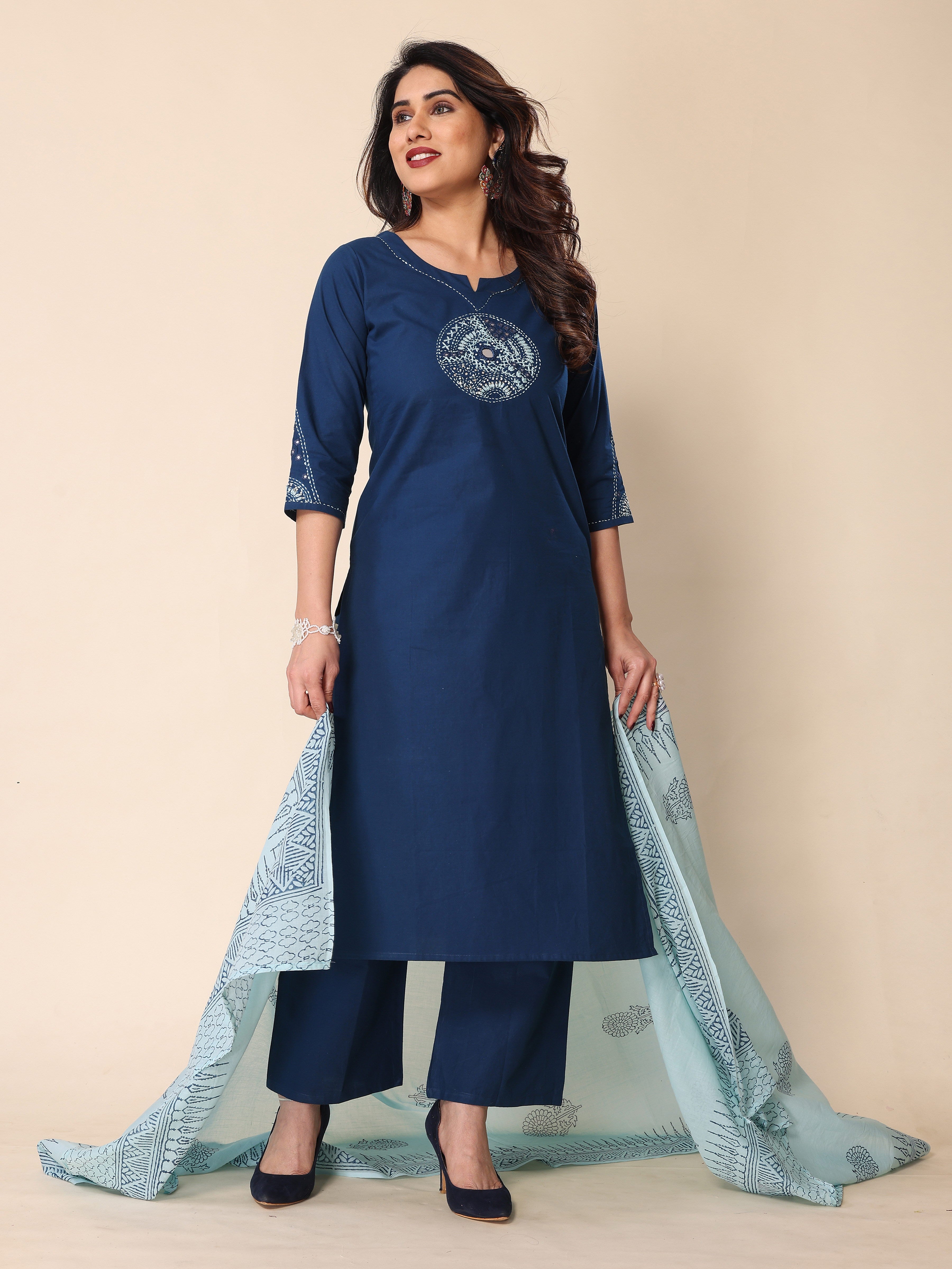 Teal Blue Kantha Work Cotton Kurta Pant Set with Dupatta