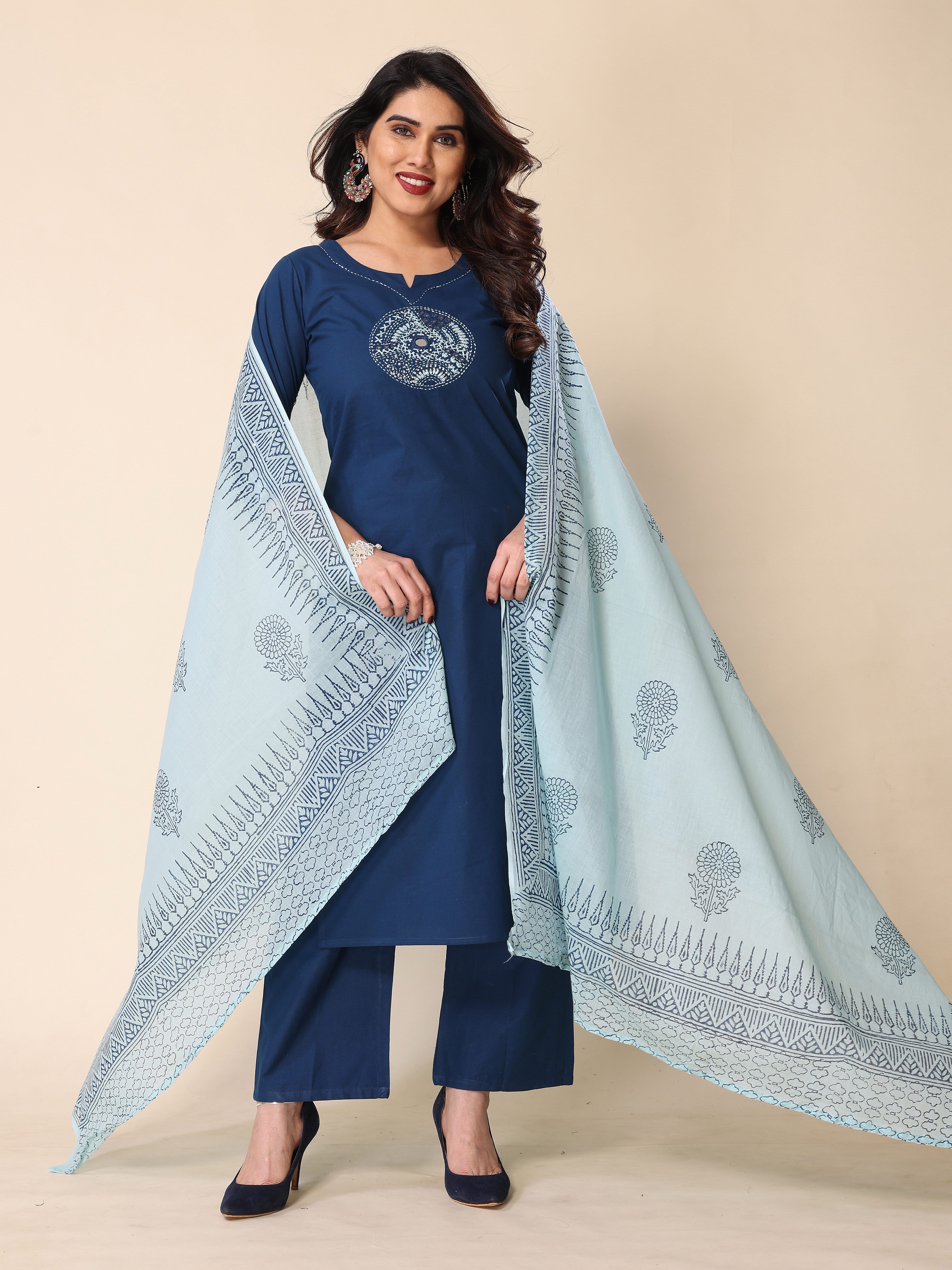 Teal Blue Kantha Work Cotton Kurta Pant Set with Dupatta