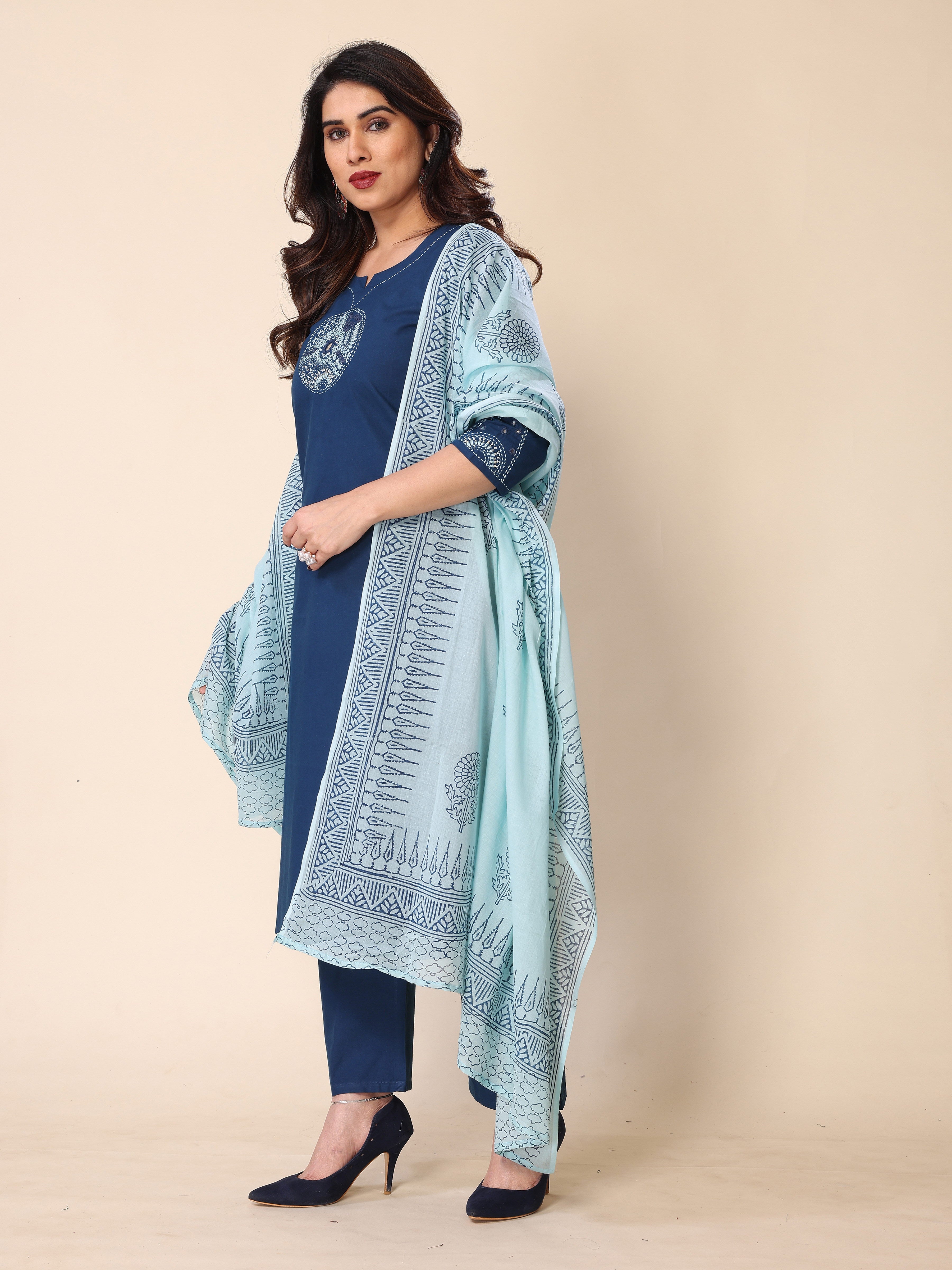 Teal Blue Kantha Work Cotton Kurta Pant Set with Dupatta