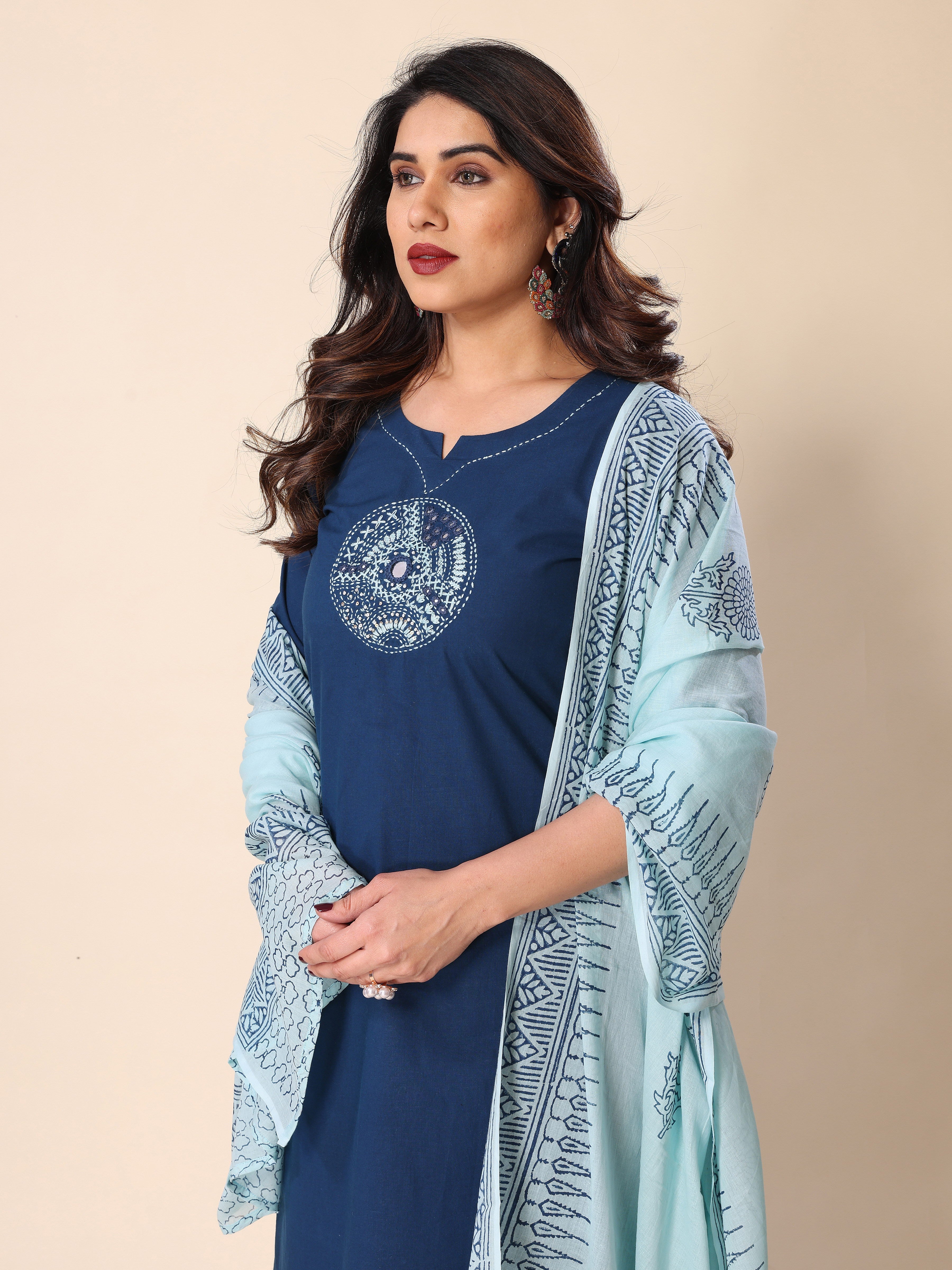 Teal Blue Kantha Work Cotton Kurta Pant Set with Dupatta