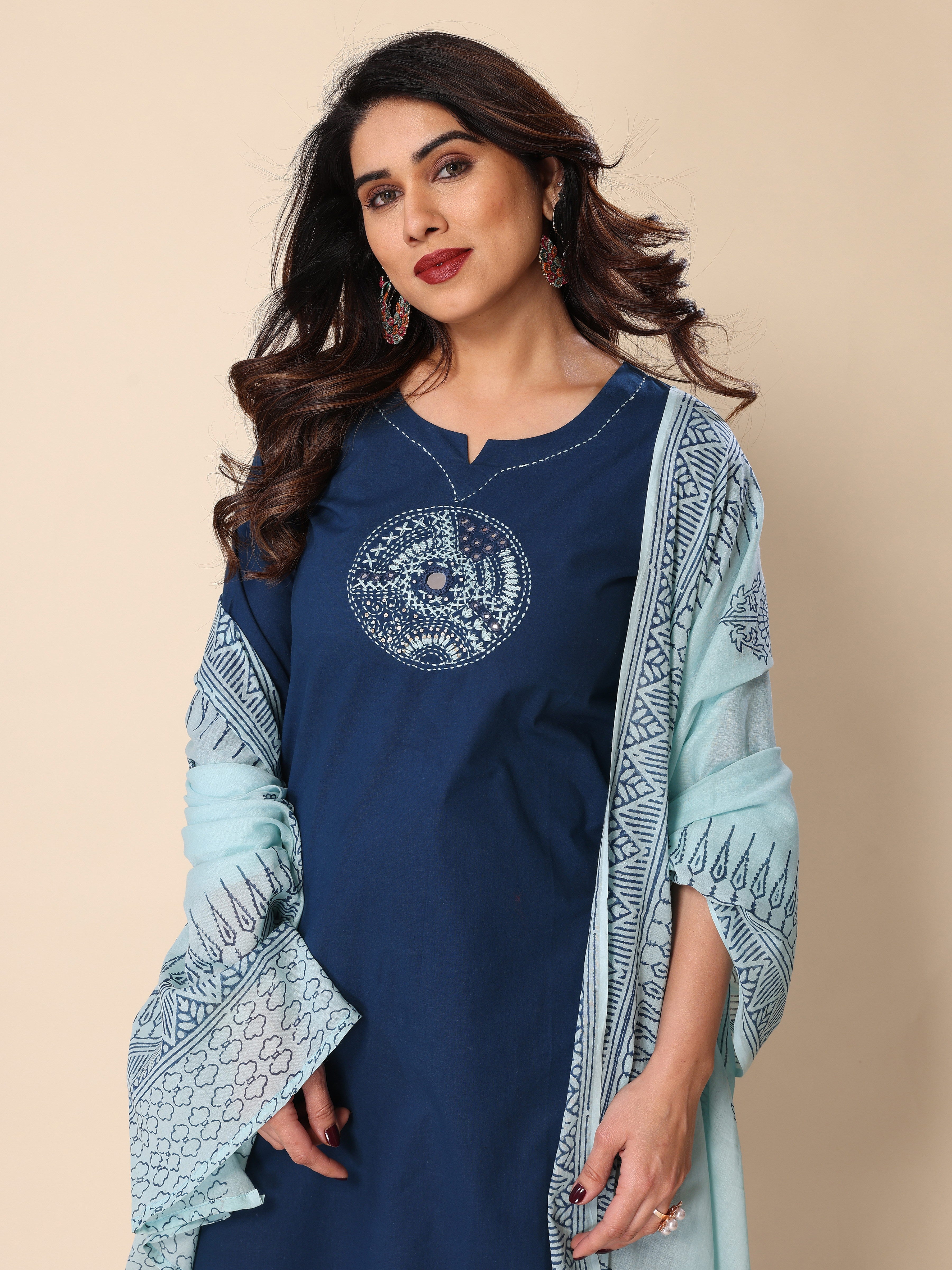 Teal Blue Kantha Work Cotton Kurta Pant Set with Dupatta