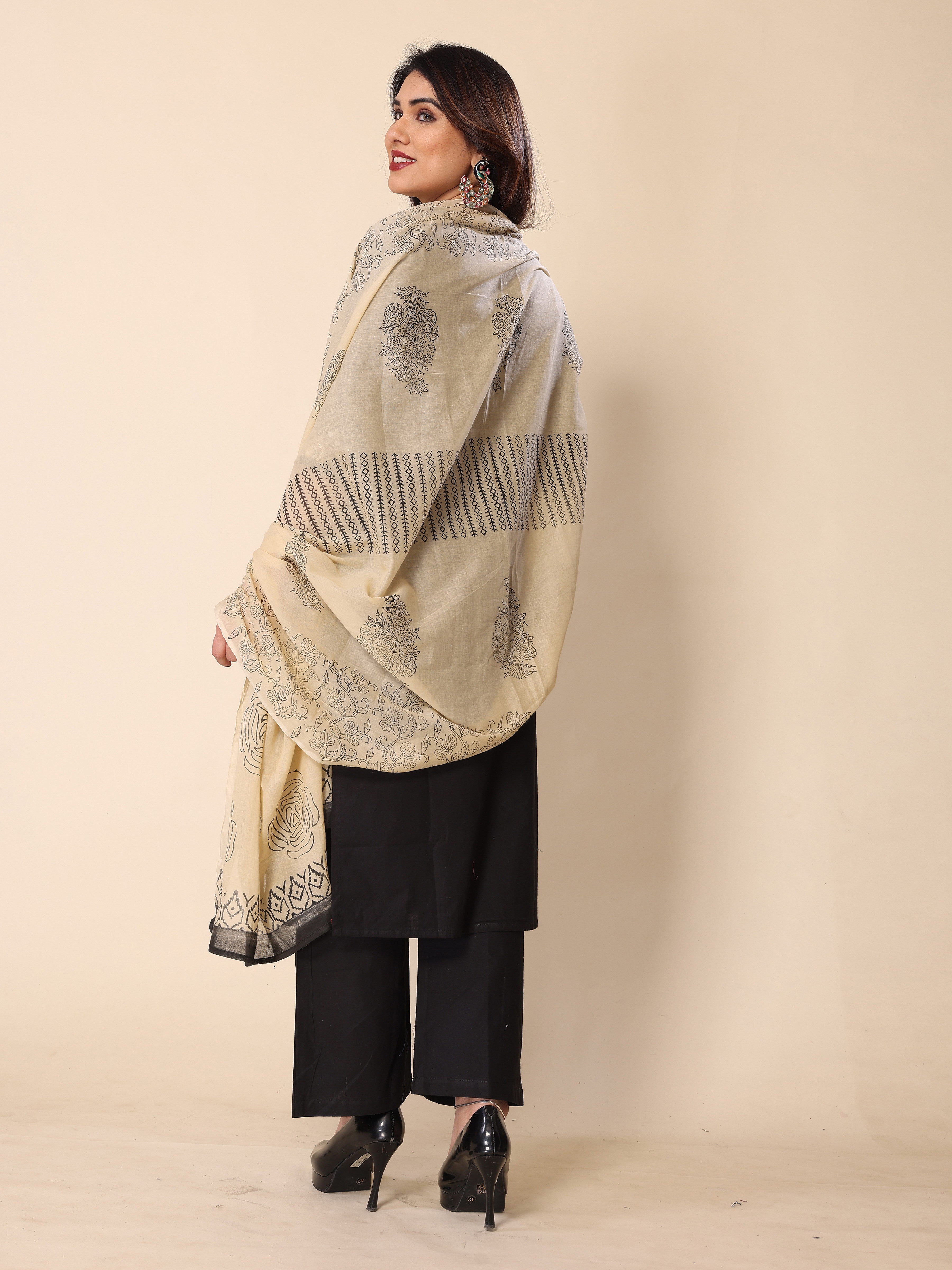 Black Kantha Work Cotton Kurta Pant Set with Dupatta
