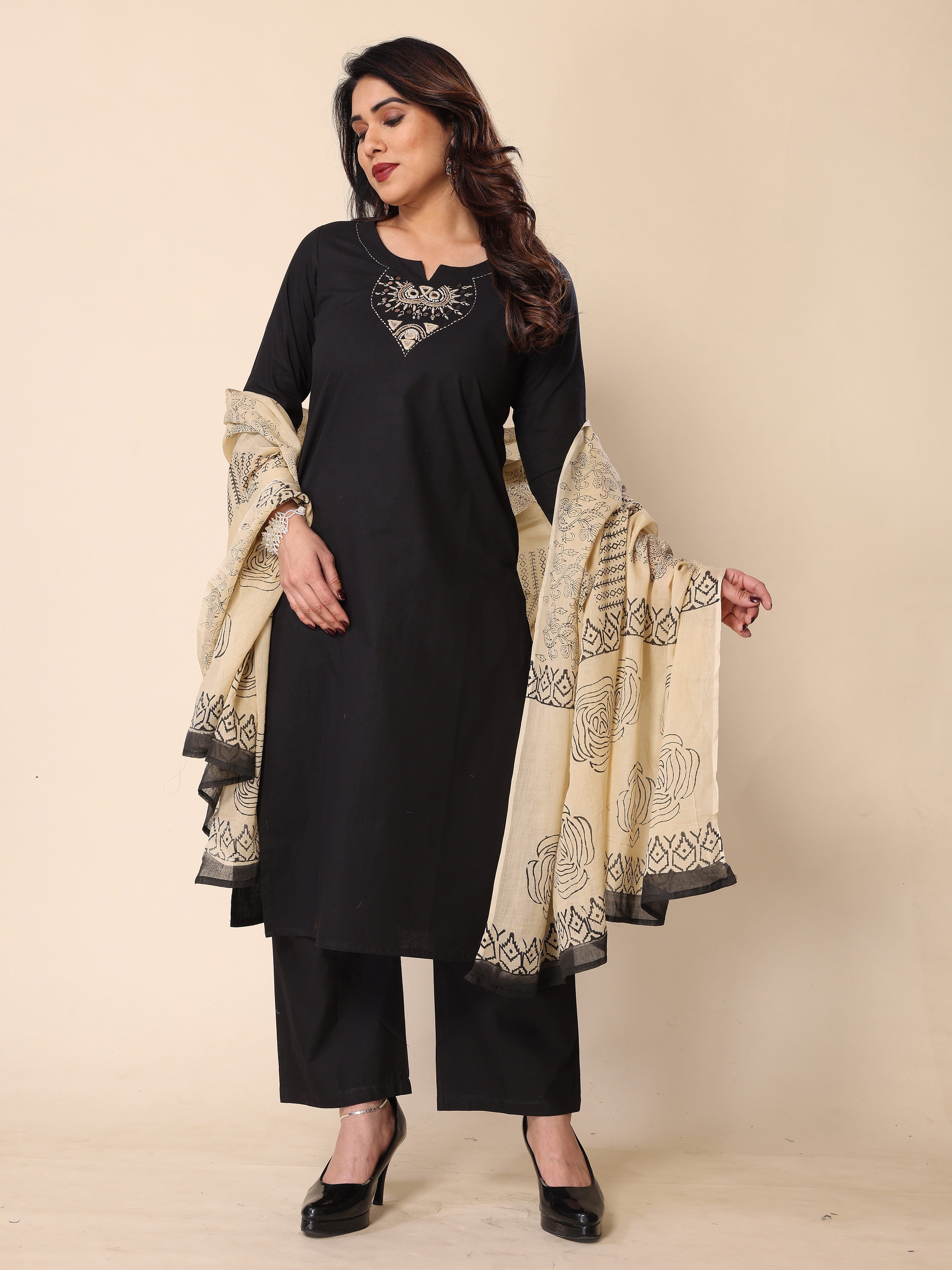 Black Kantha Work Cotton Kurta Pant Set with Dupatta