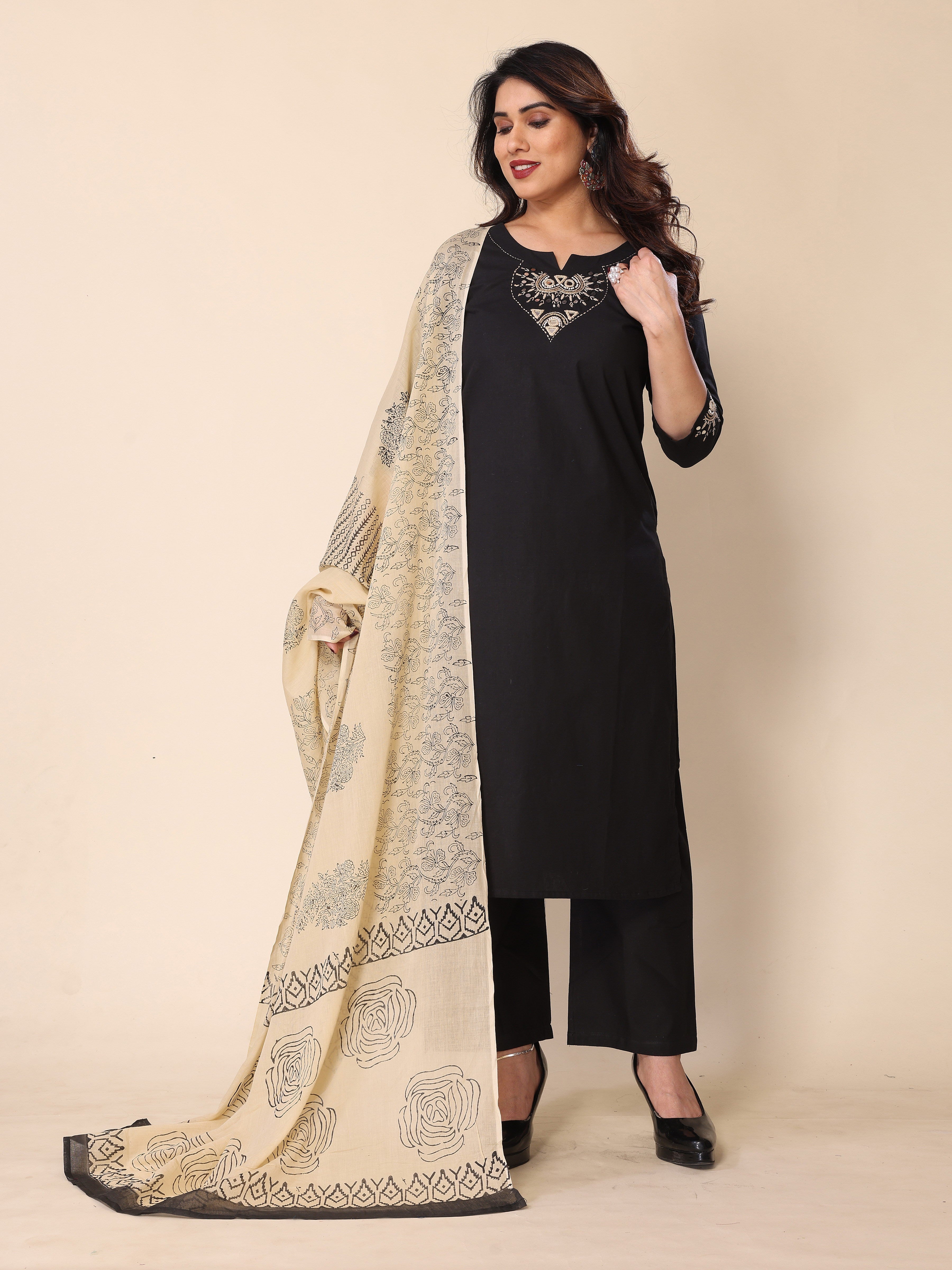 Black Kantha Work Cotton Kurta Pant Set with Dupatta