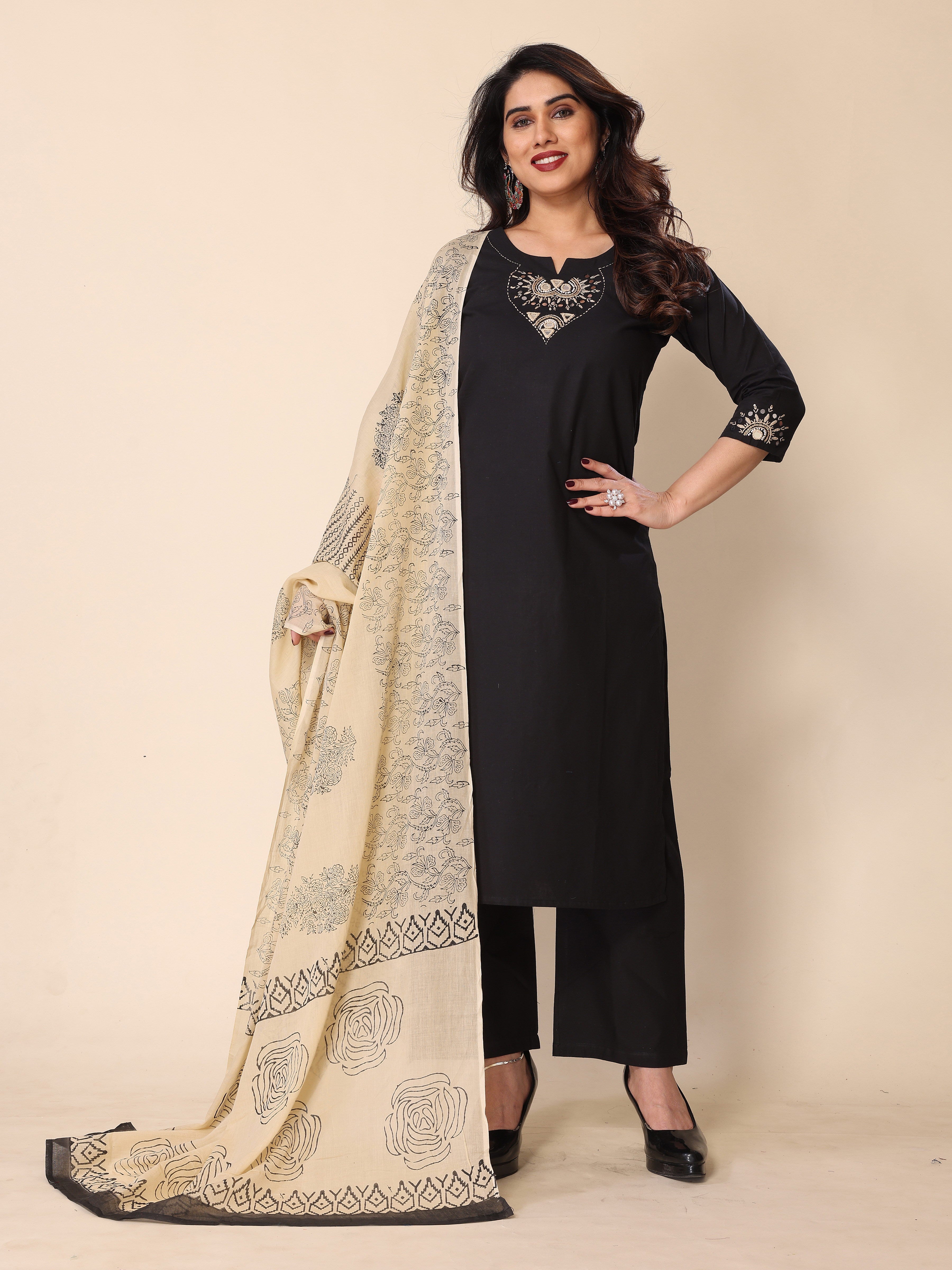 Black Kantha Work Cotton Kurta Pant Set with Dupatta