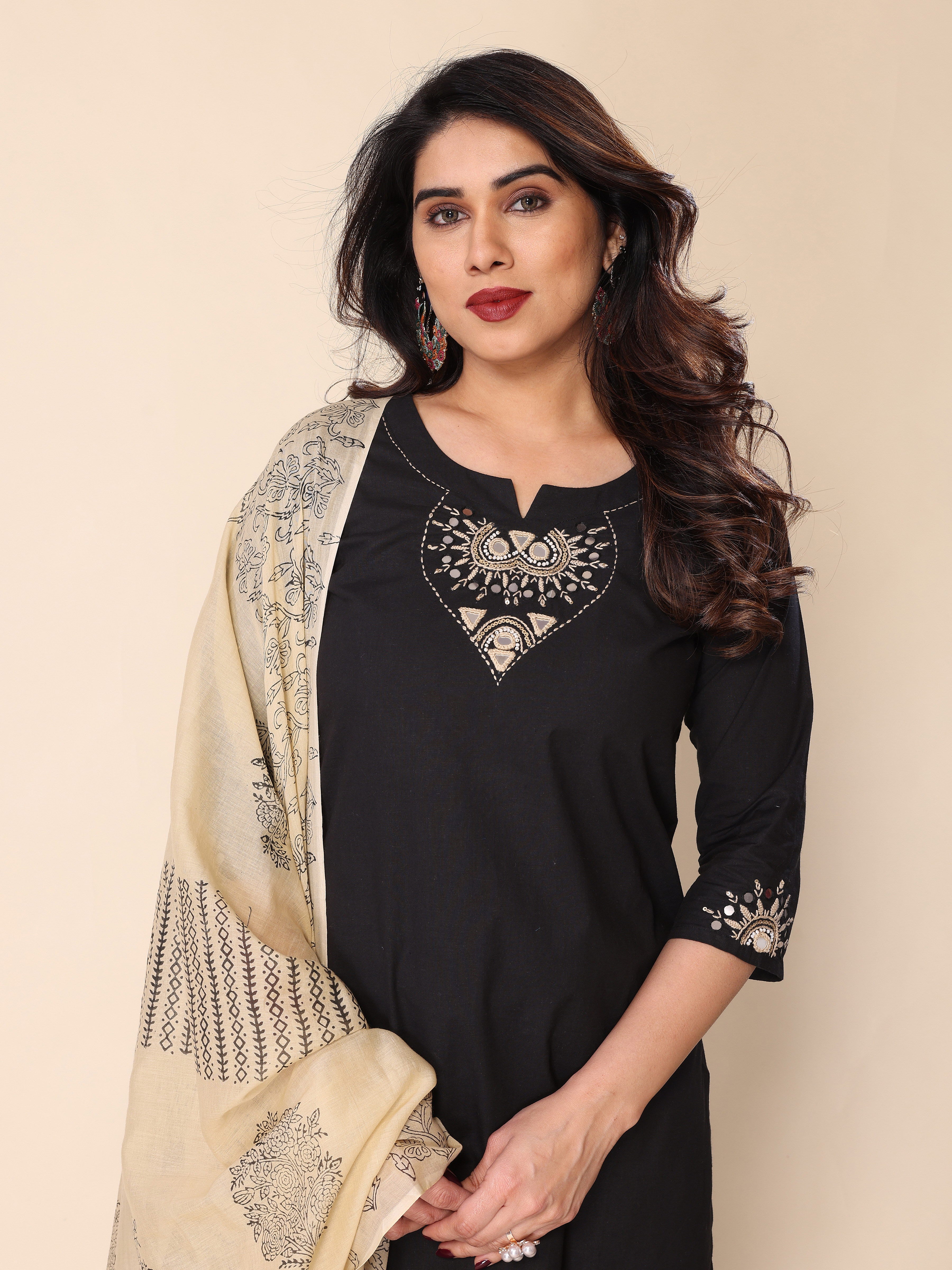 Black Kantha Work Cotton Kurta Pant Set with Dupatta