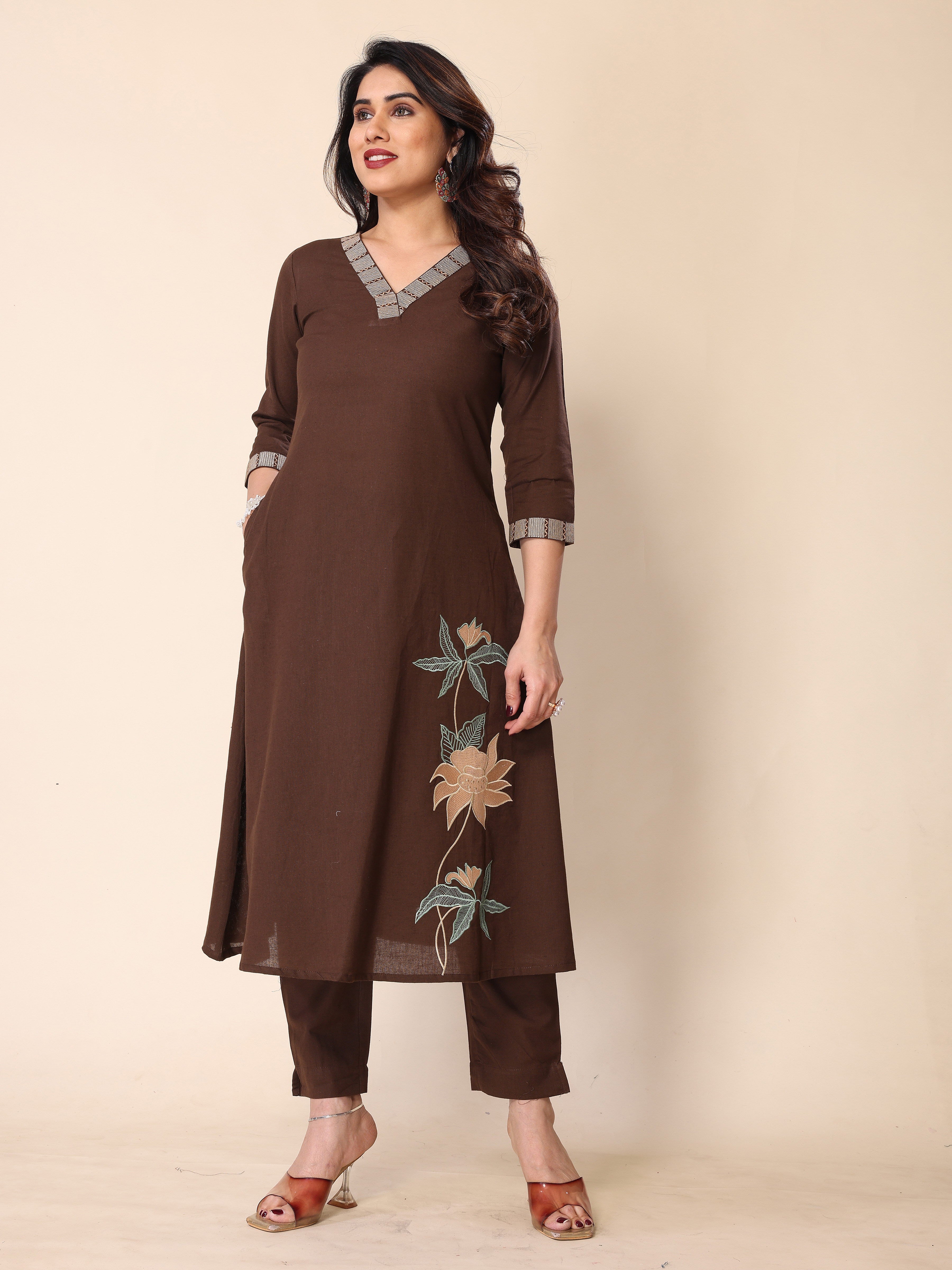 Brown Floral Embroidery A-Line Kurta with Trousers