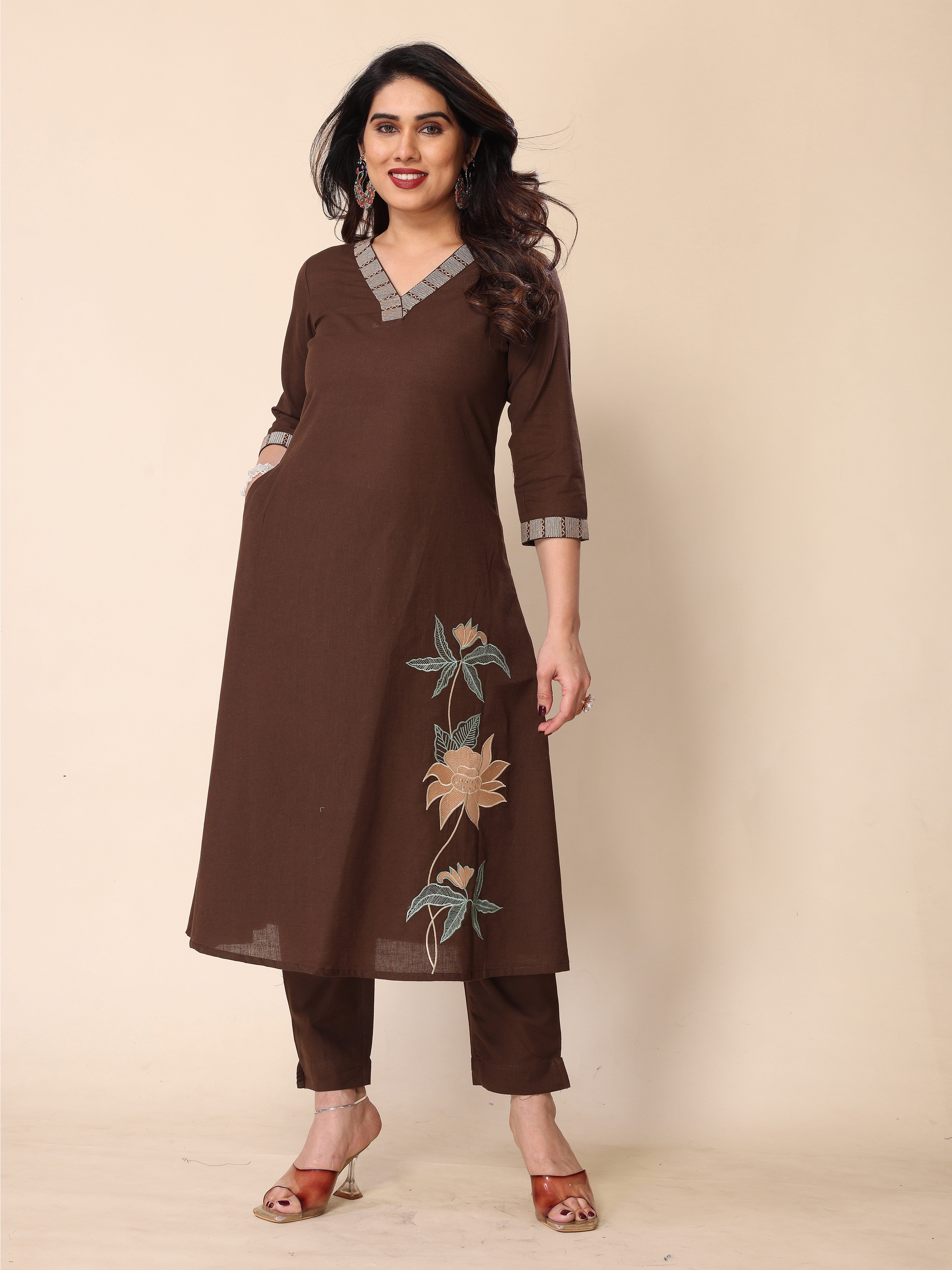 Brown Floral Embroidery A-Line Kurta with Trousers
