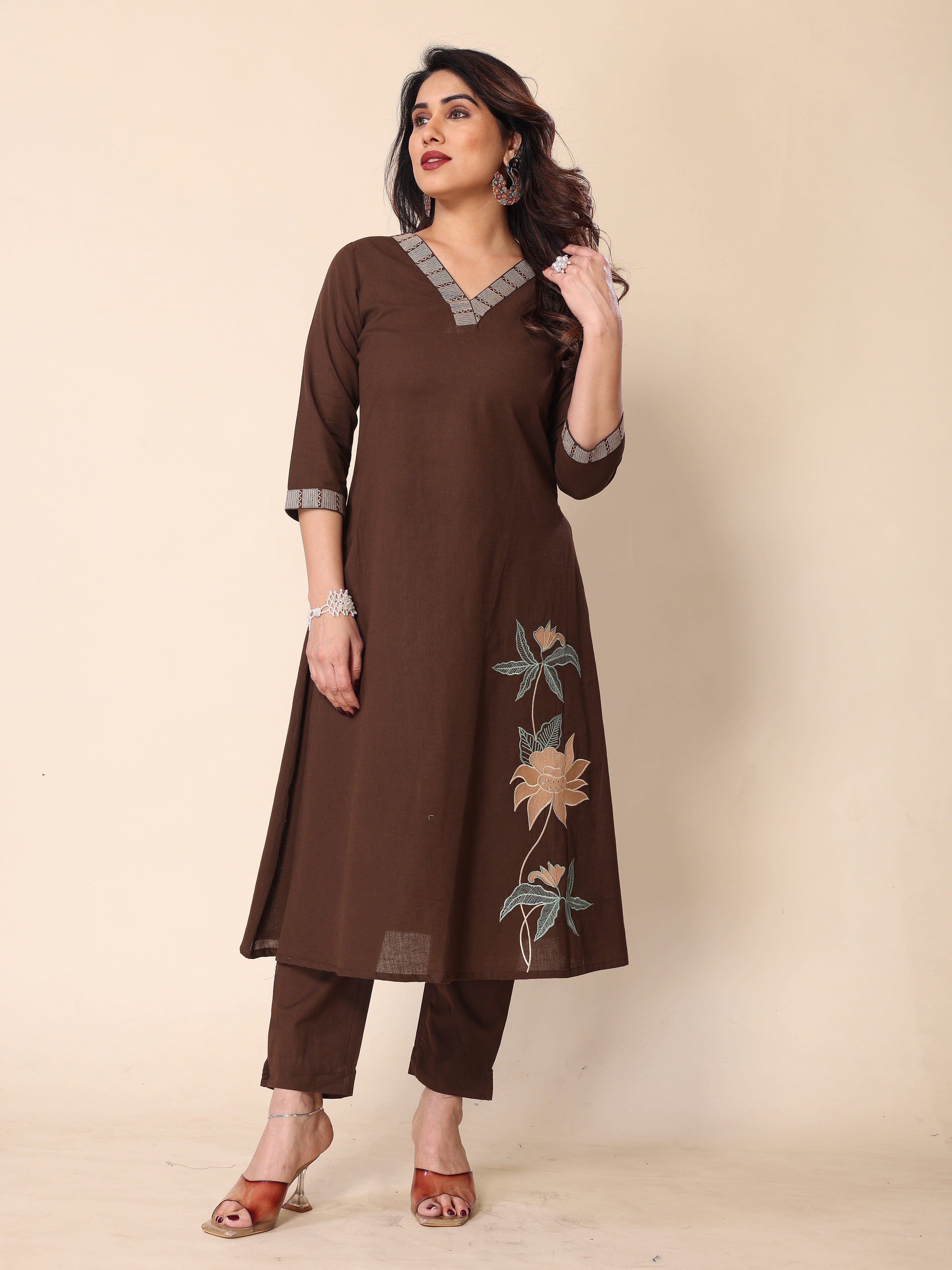 Brown Floral Embroidery A-Line Kurta with Trousers