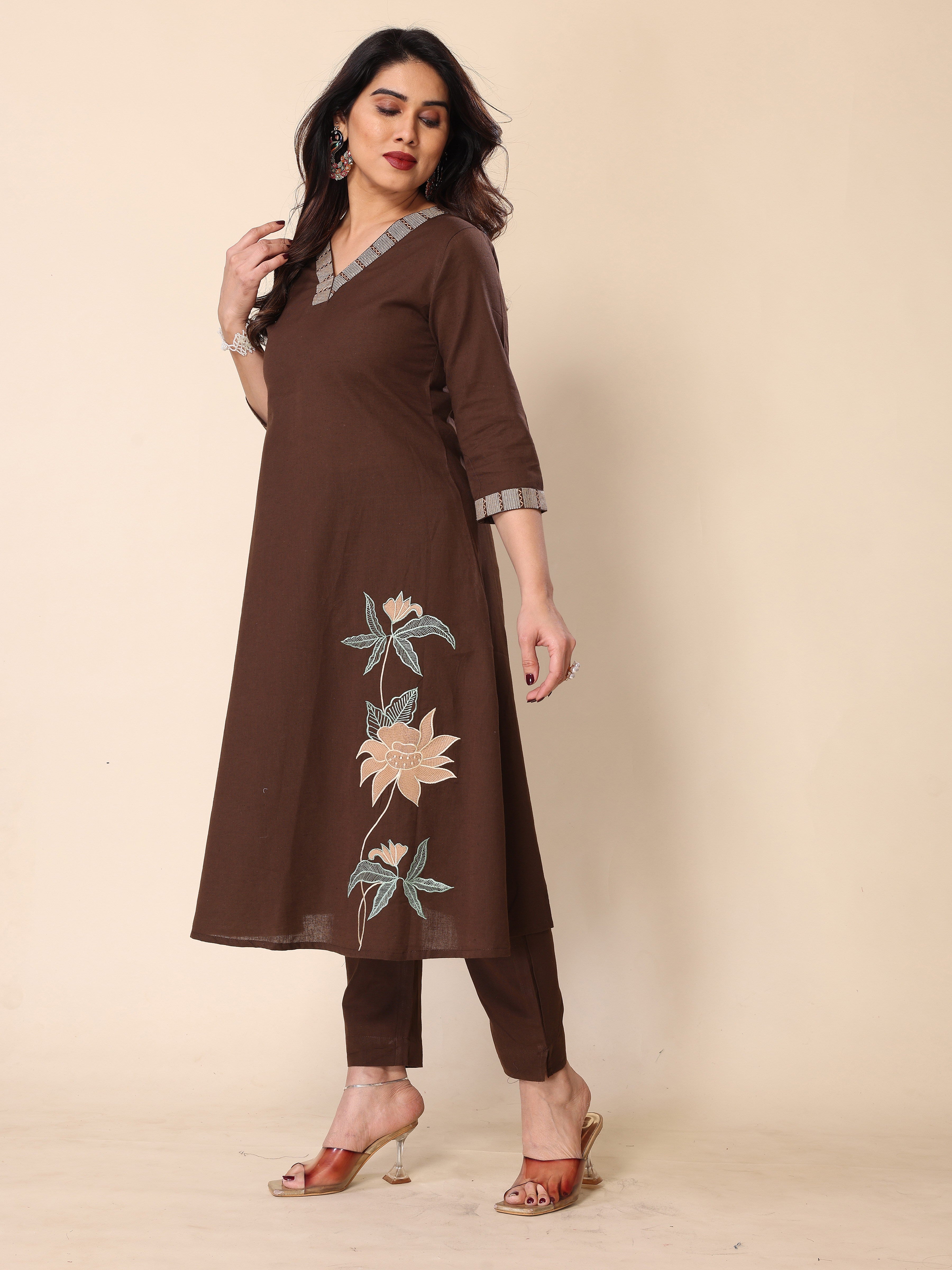 Brown Floral Embroidery A-Line Kurta with Trousers