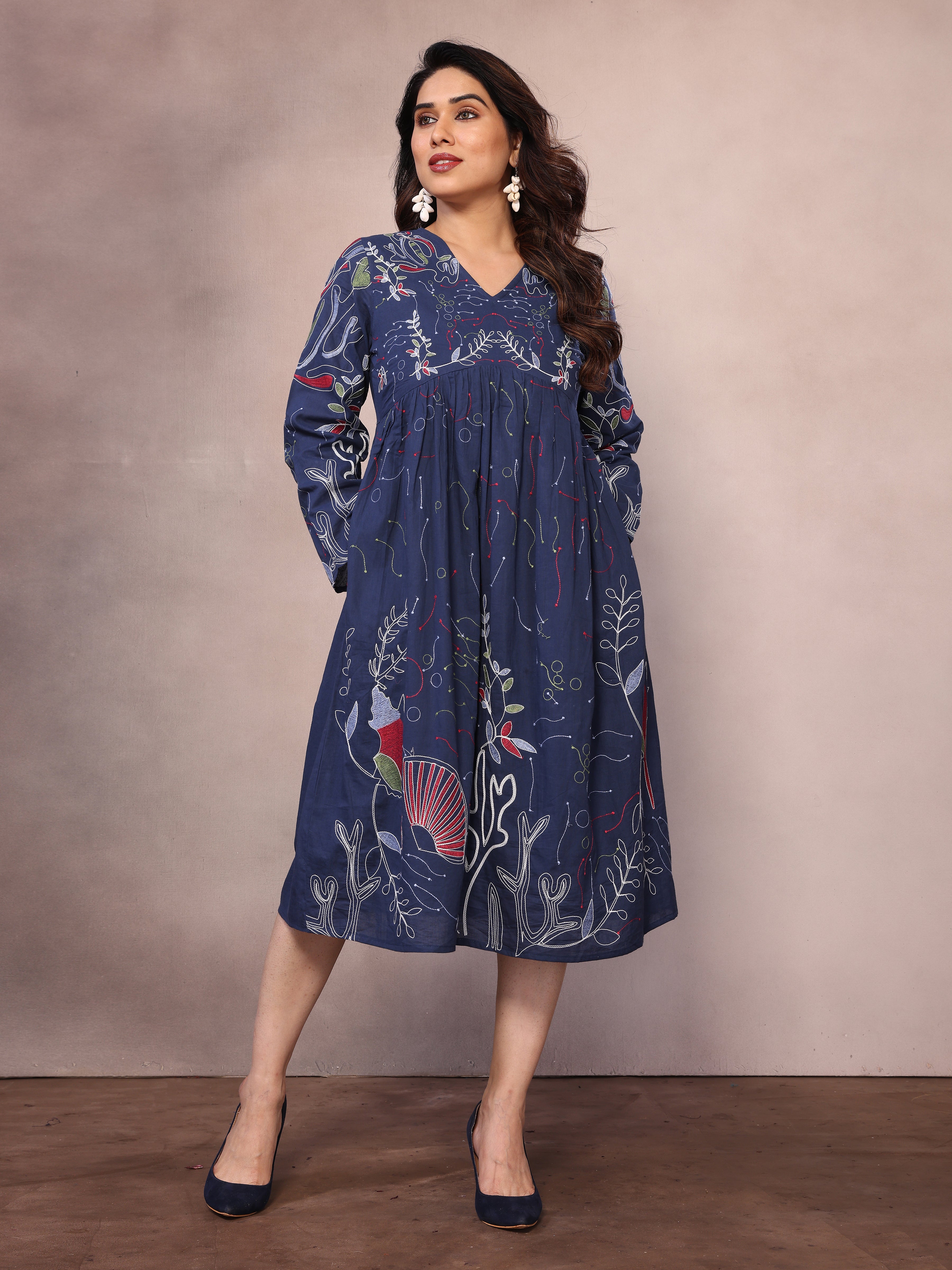 Navy Blue Floral Embroidered Midi Dress