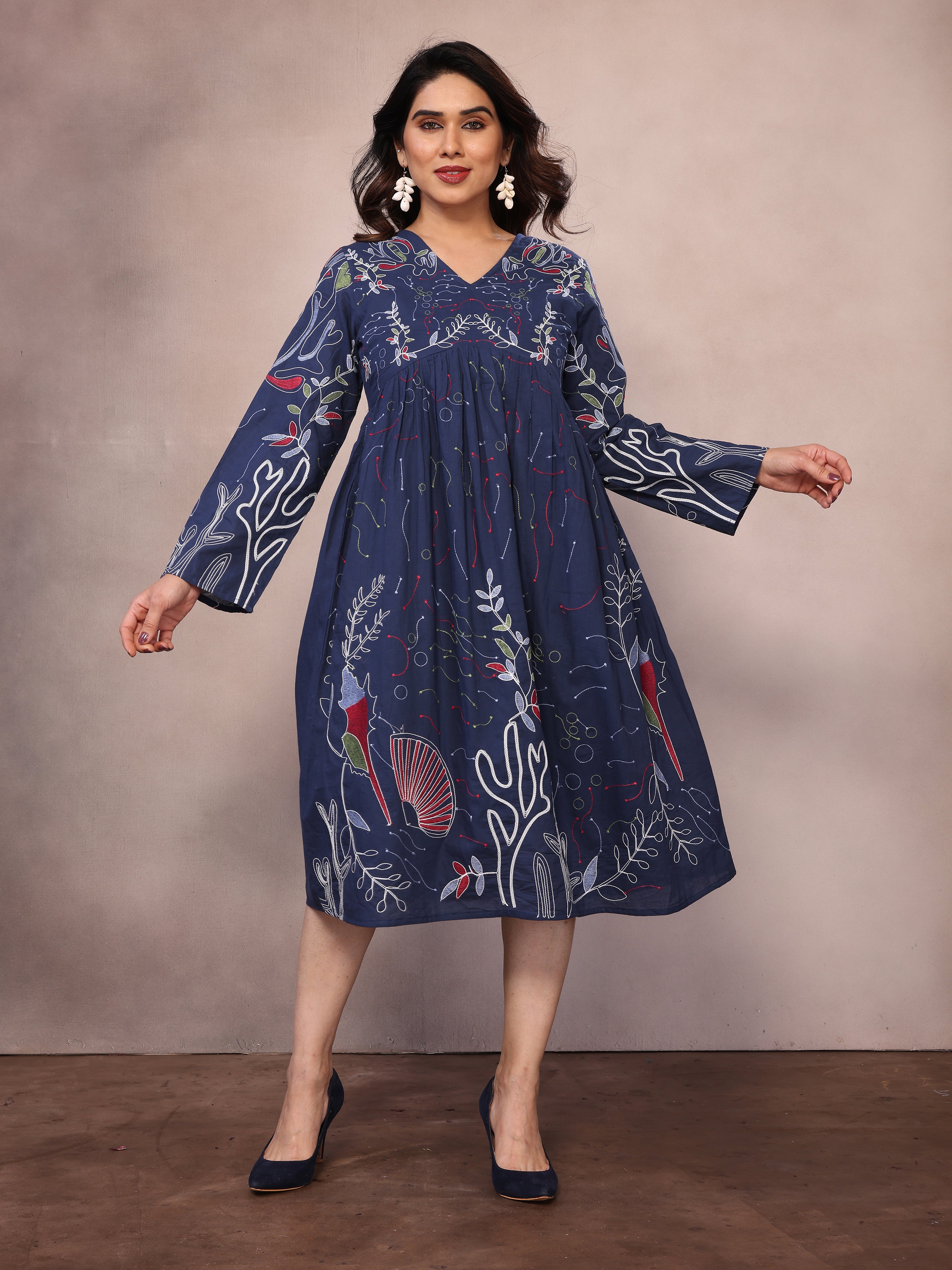 Navy Blue Floral Embroidered Midi Dress