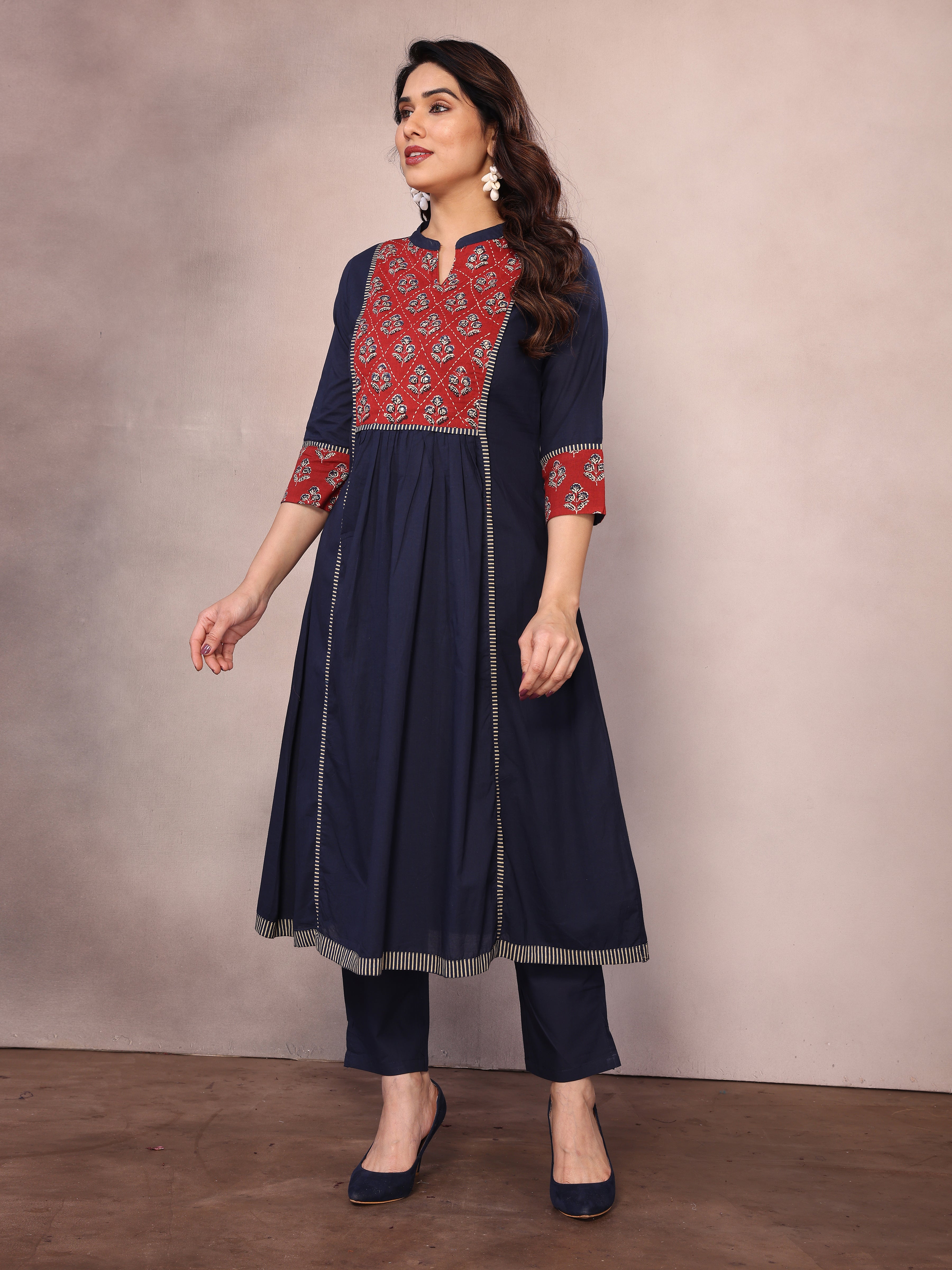 Navy Blue Floral Embroidered Pleated Sequinned Cotton A-Line Kurta With Trousers