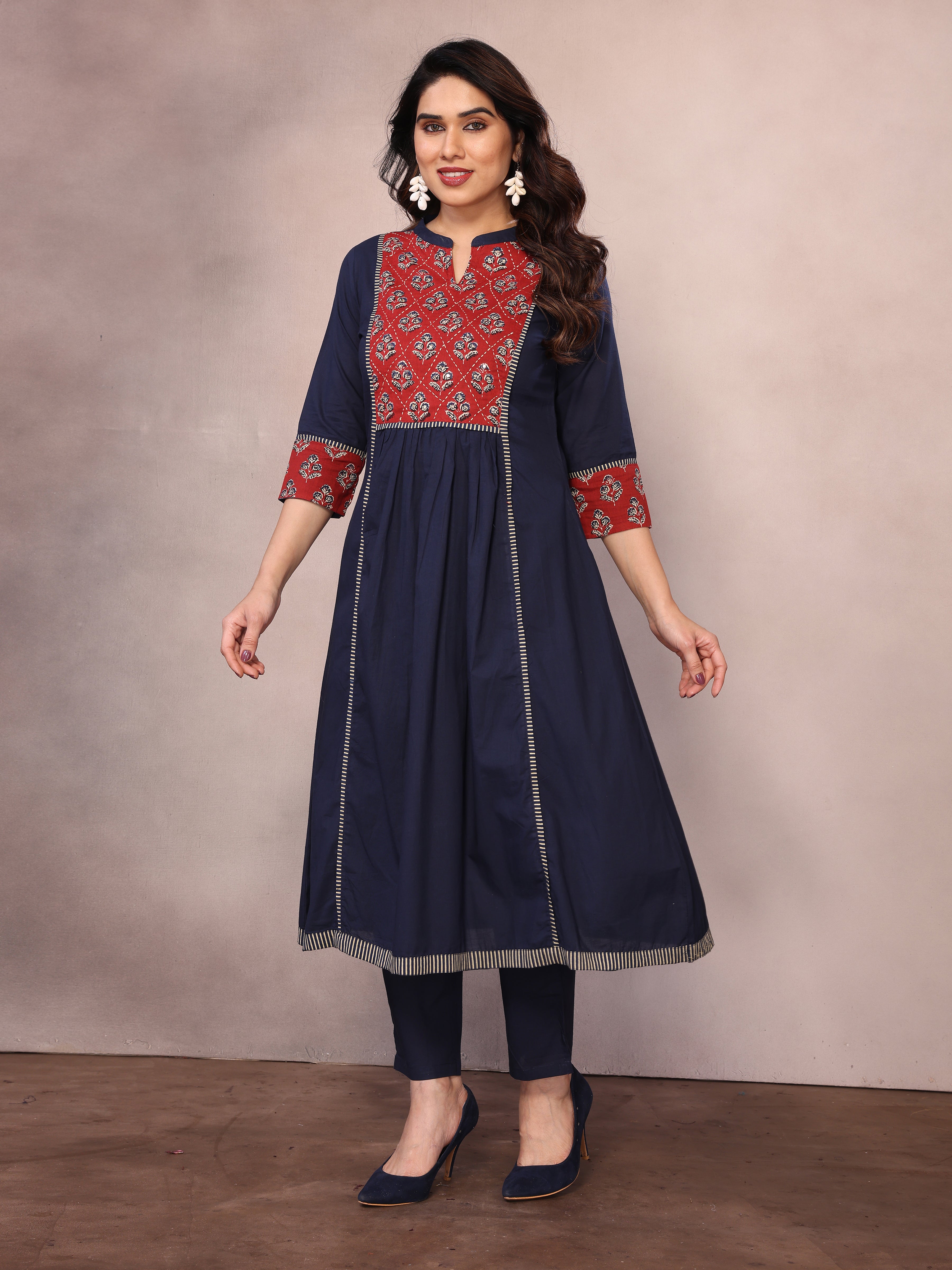 Navy Blue Floral Embroidered Pleated Sequinned Cotton A-Line Kurta With Trousers