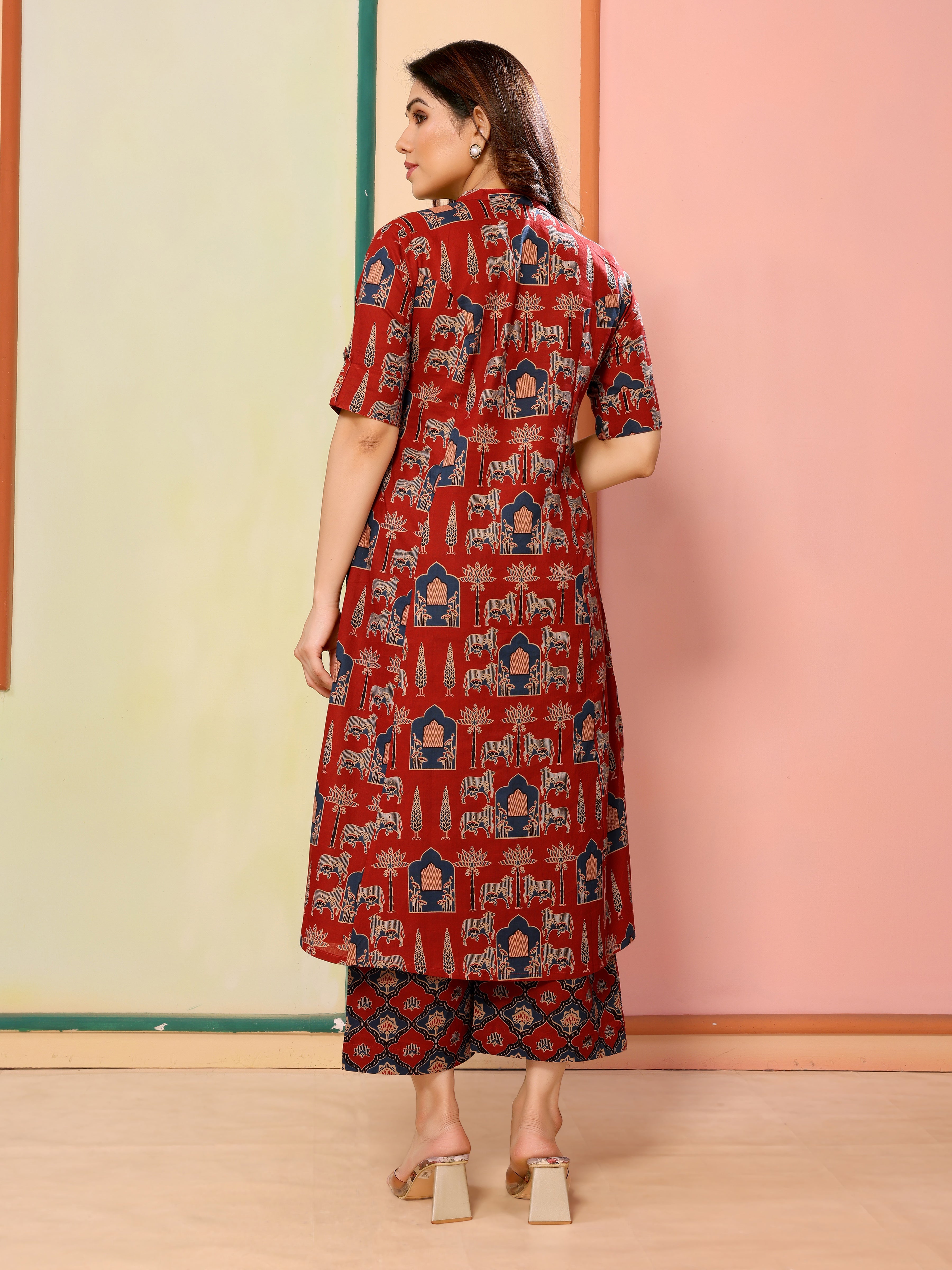 Maroon Block Print Half Sleeves Cotton Kurta with Palazzo