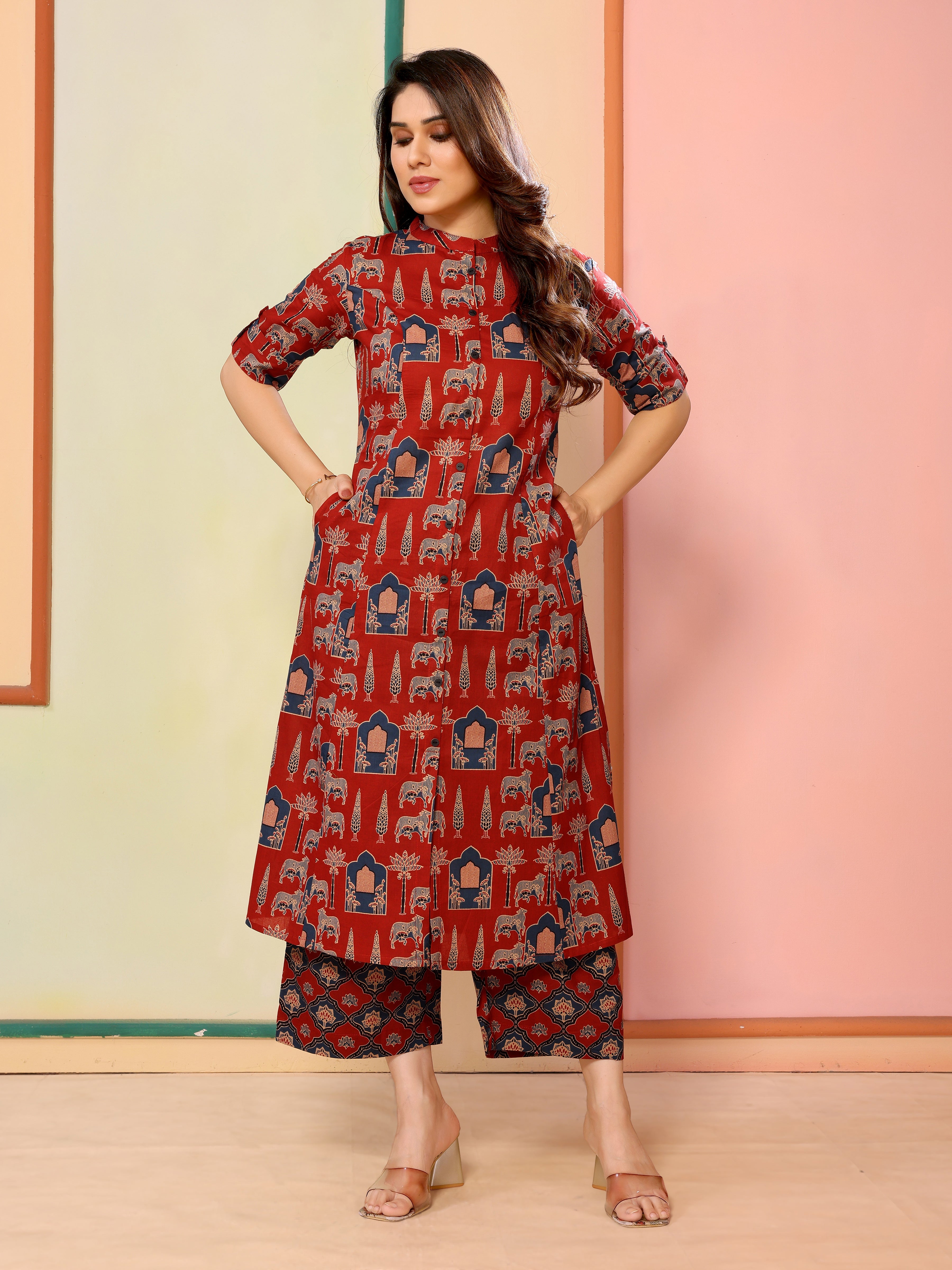 Maroon Block Print Half Sleeves Cotton Kurta with Palazzo