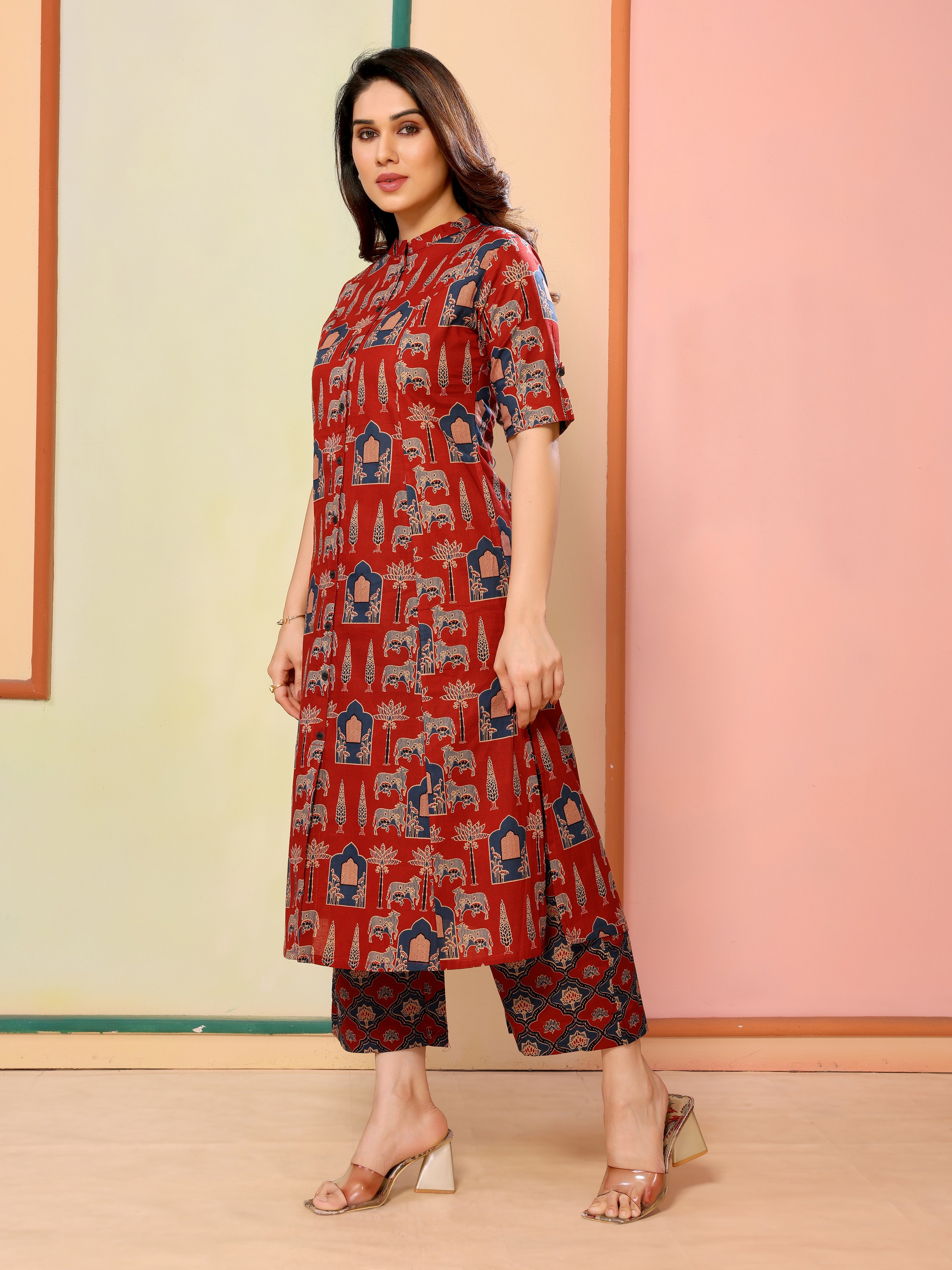 Maroon Block Print Half Sleeves Cotton Kurta with Palazzo