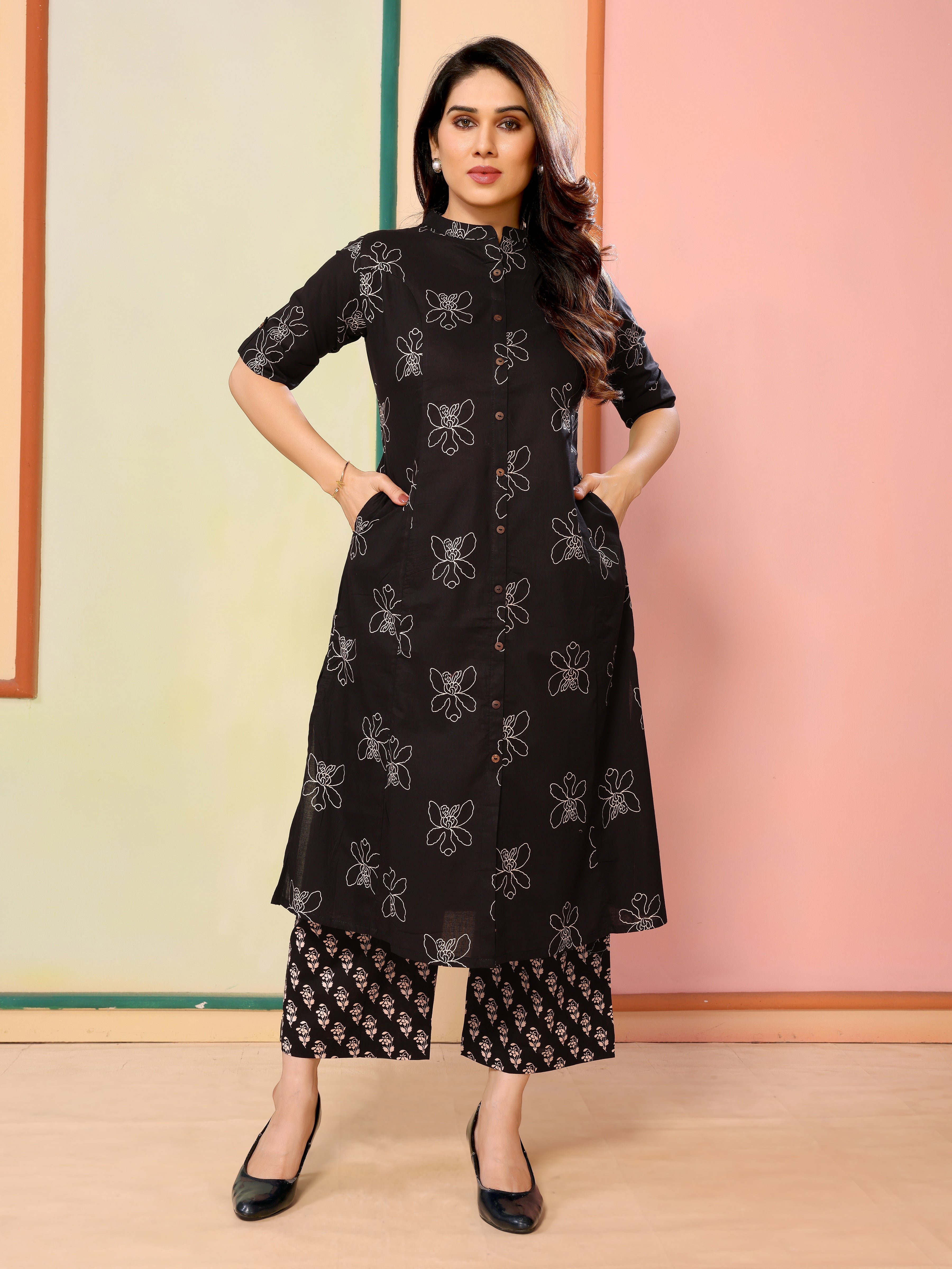 Black Floral Print Half Sleeves Cotton Kurta with Palazzo