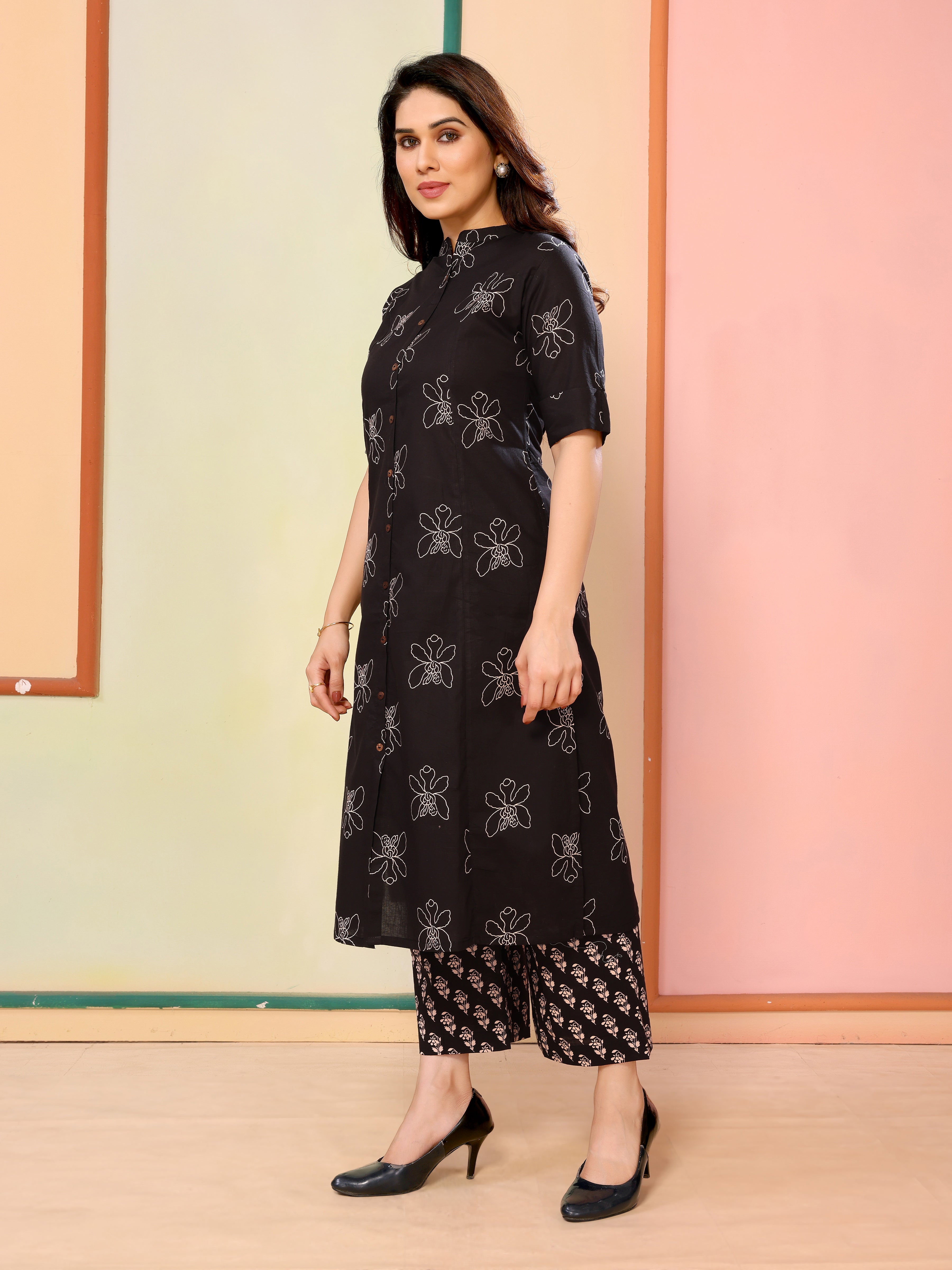 Black Floral Print Half Sleeves Cotton Kurta with Palazzo