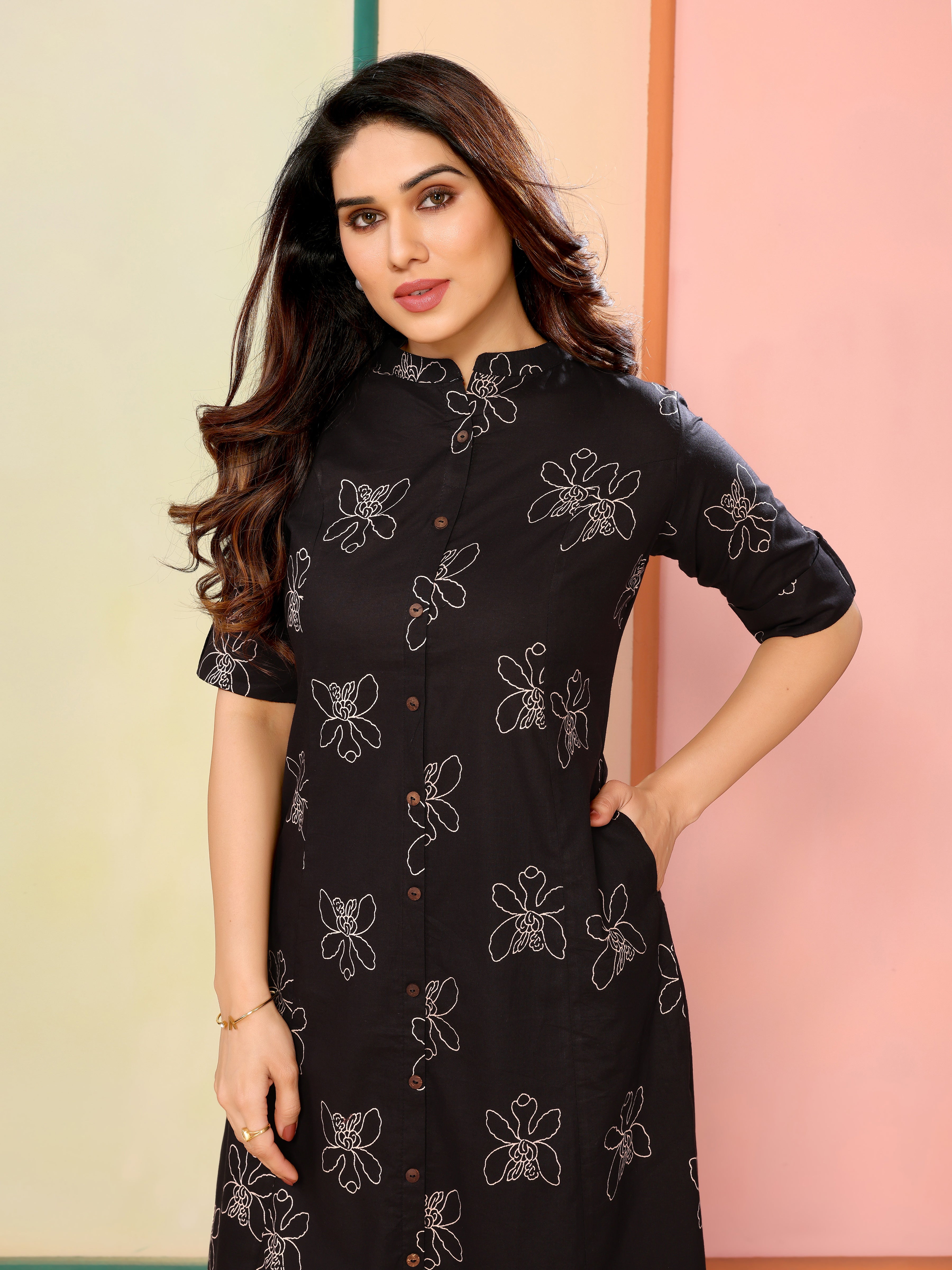 Black Floral Print Half Sleeves Cotton Kurta with Palazzo