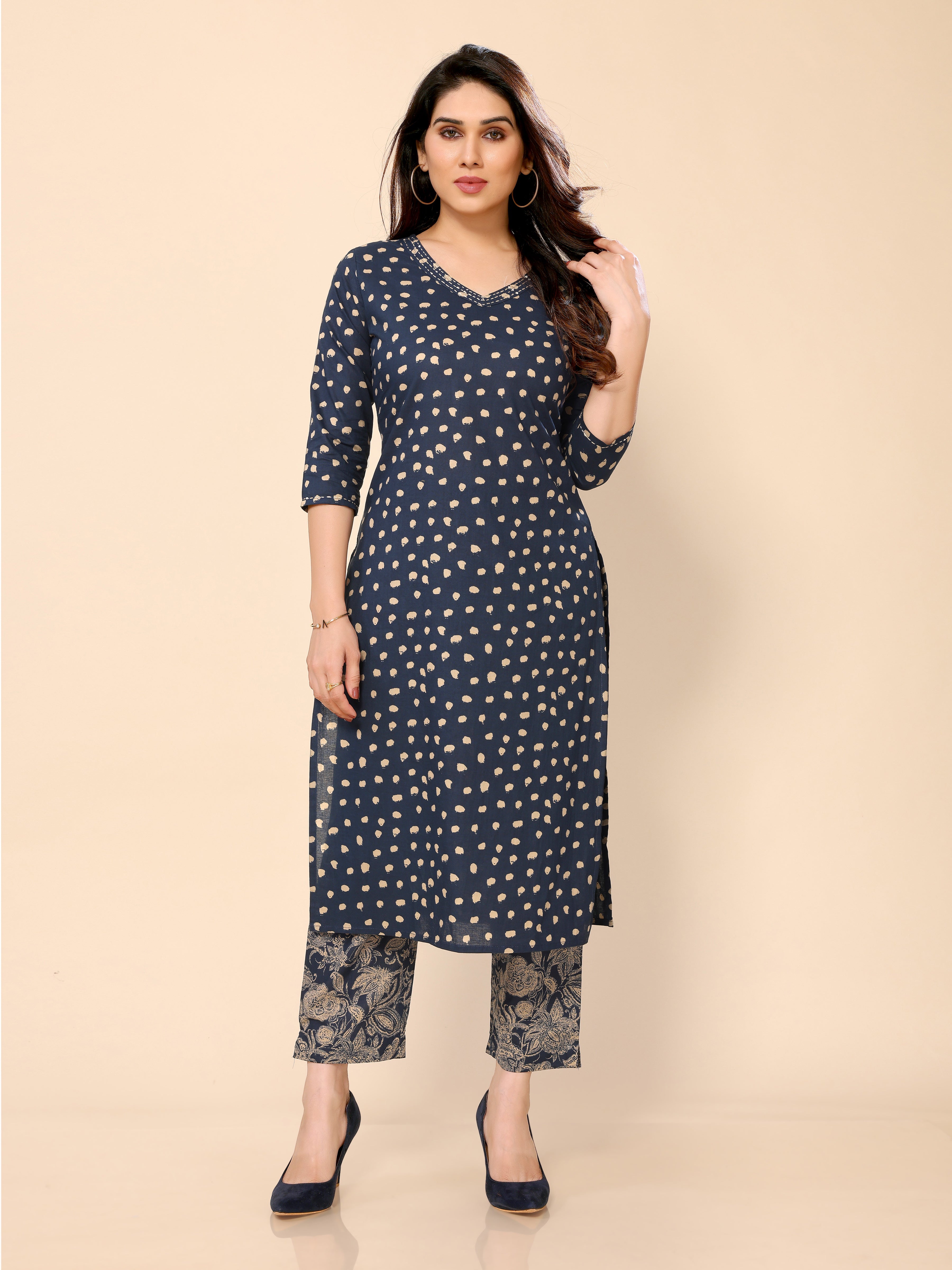 Teal Blue Printed Half Sleeves Cotton Kurta with Pants