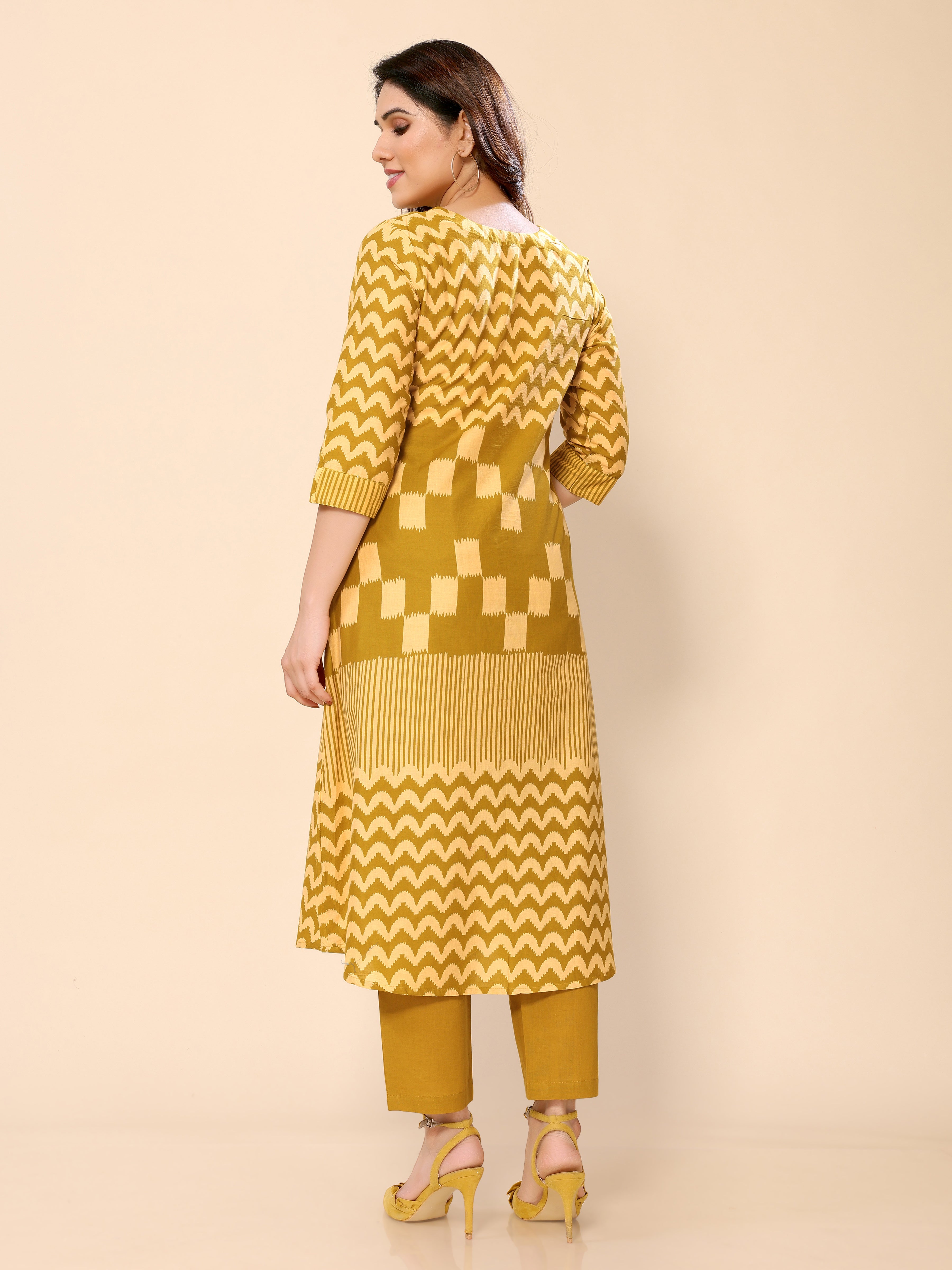 Mustard Yellow Abstract Patterned Cotton Kurta with Half Sleeves and Pants