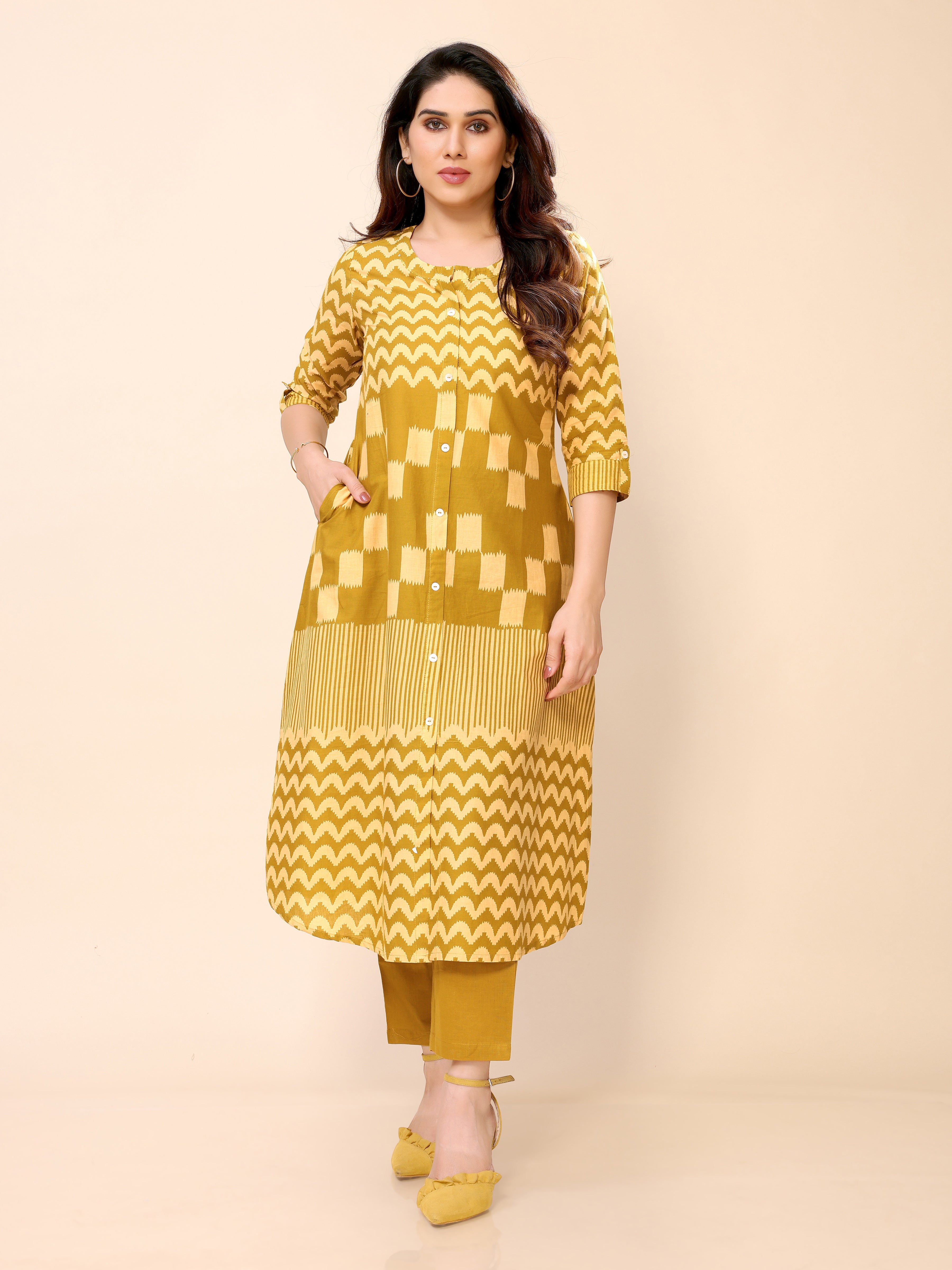 Mustard Yellow Abstract Patterned Cotton Kurta with Half Sleeves and Pants