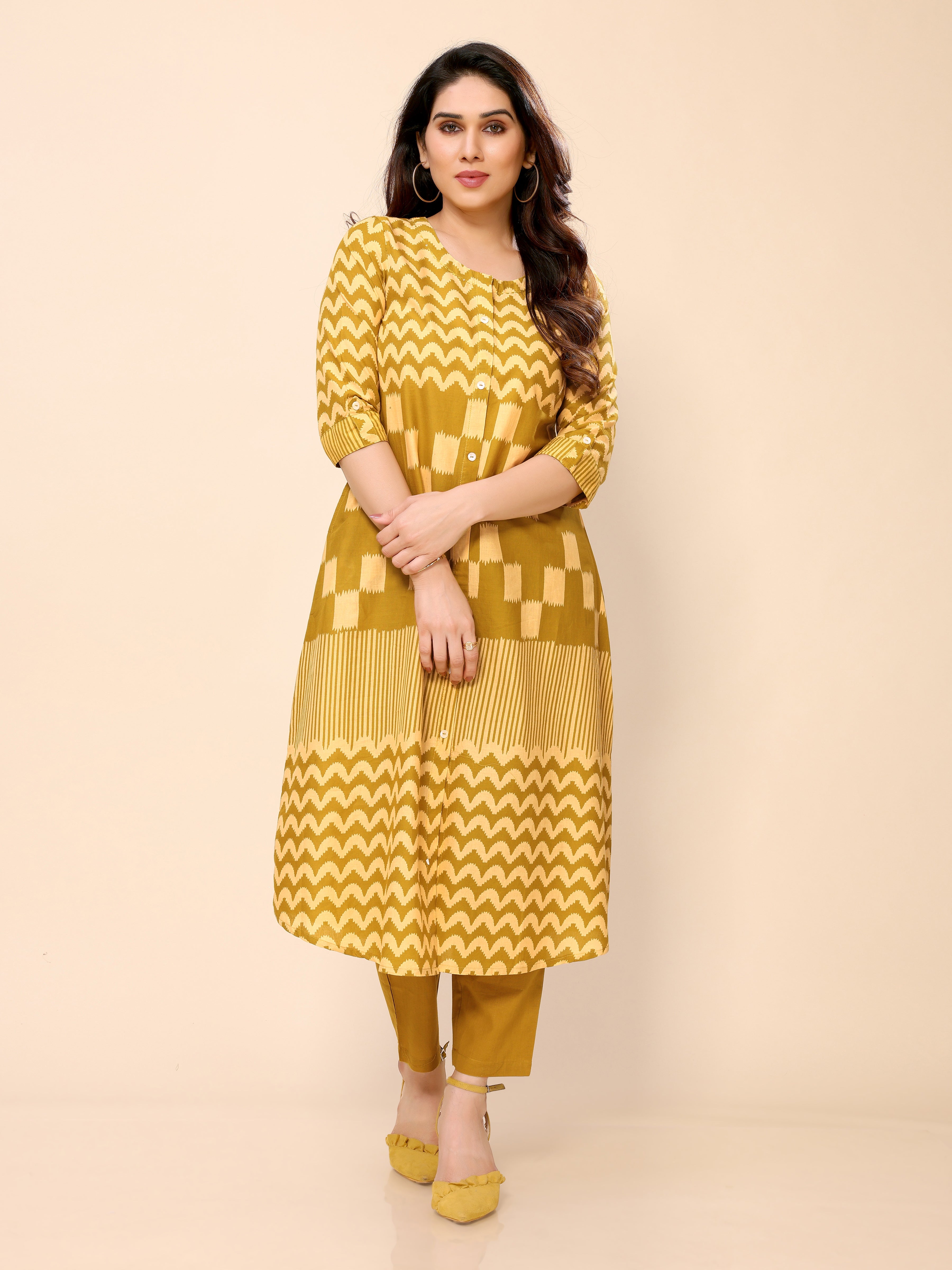 Mustard Yellow Abstract Patterned Cotton Kurta with Half Sleeves and Pants