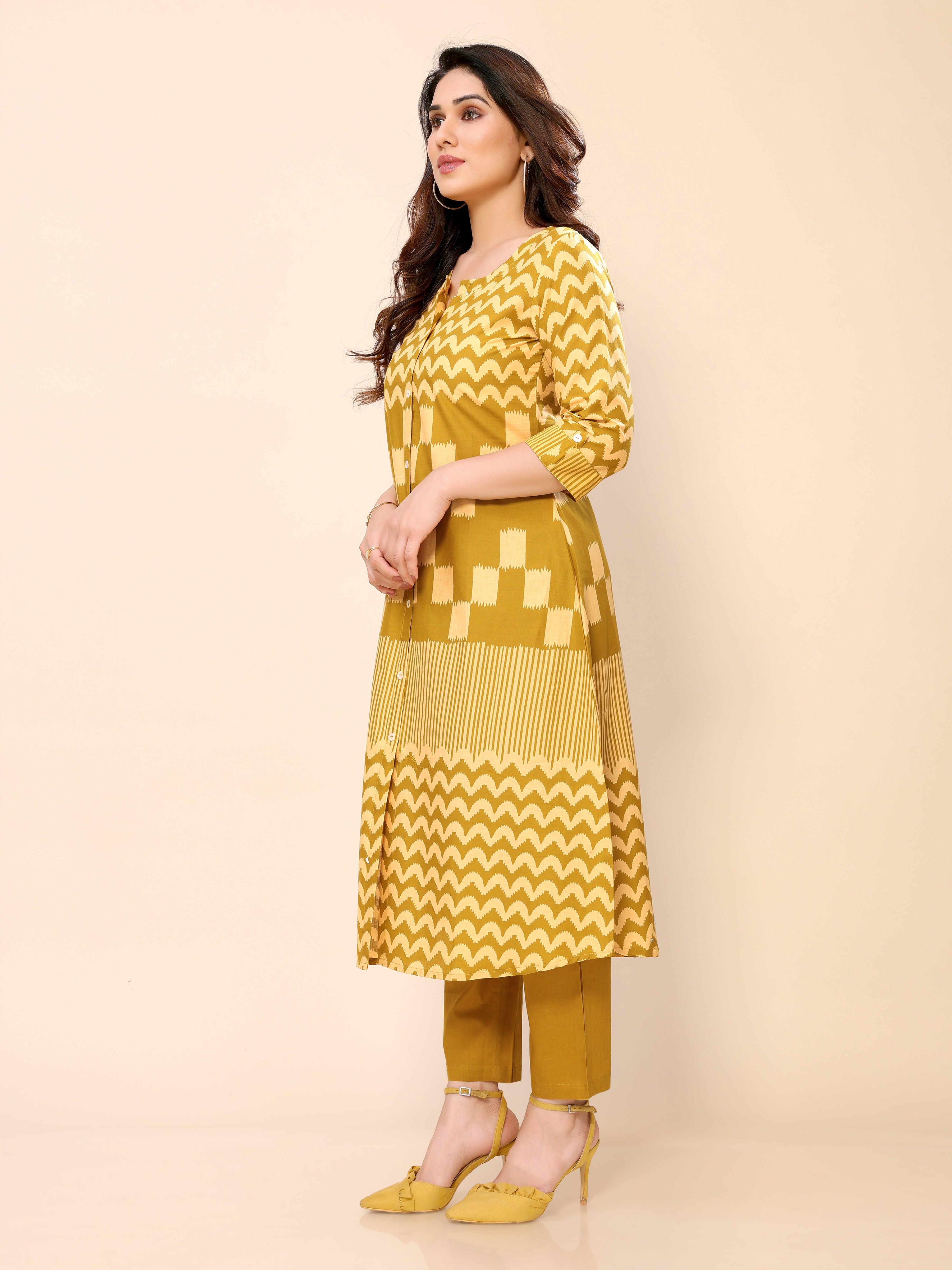 Mustard Yellow Abstract Patterned Cotton Kurta with Half Sleeves and Pants