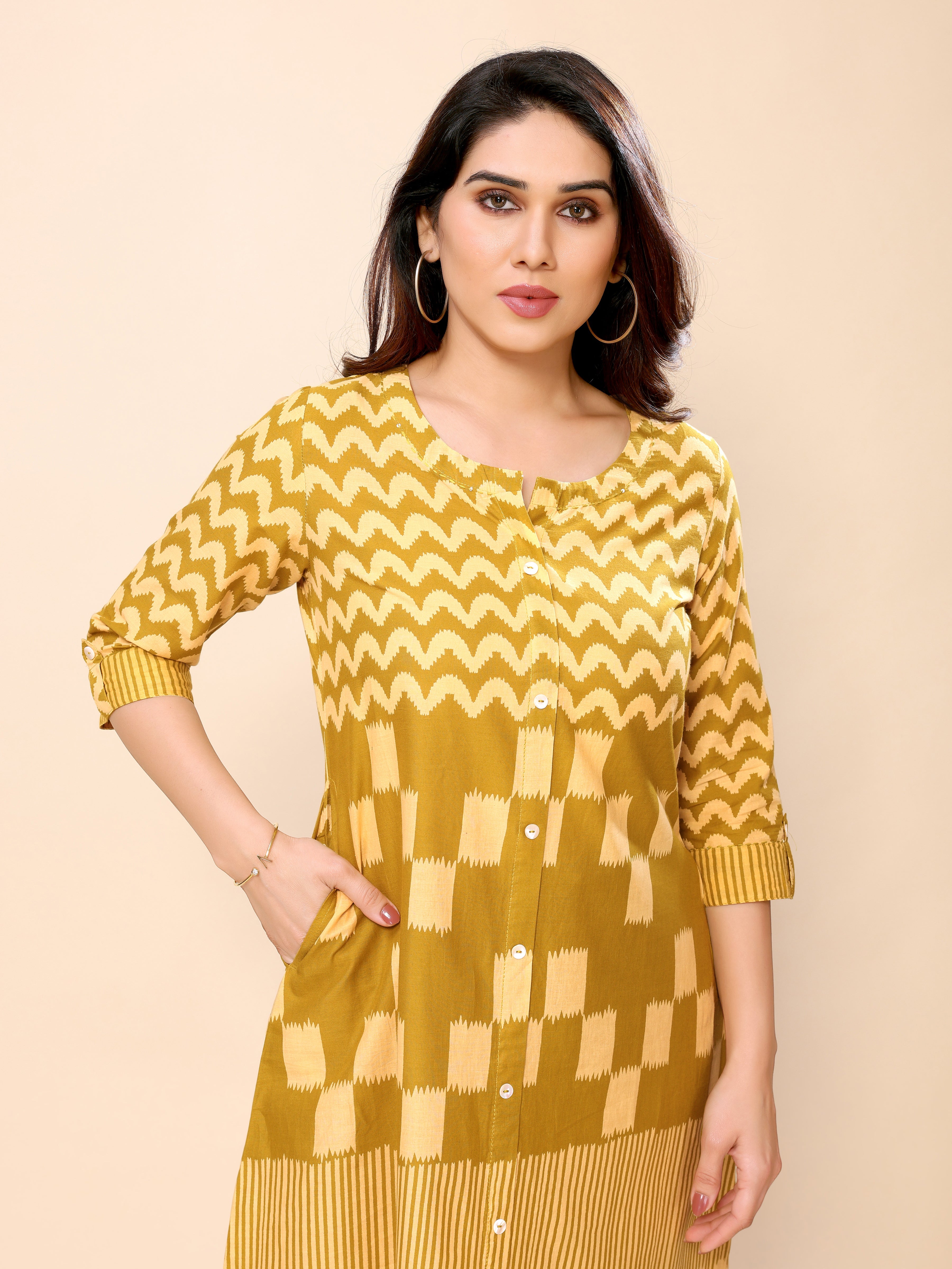 Mustard Yellow Abstract Patterned Cotton Kurta with Half Sleeves and Pants