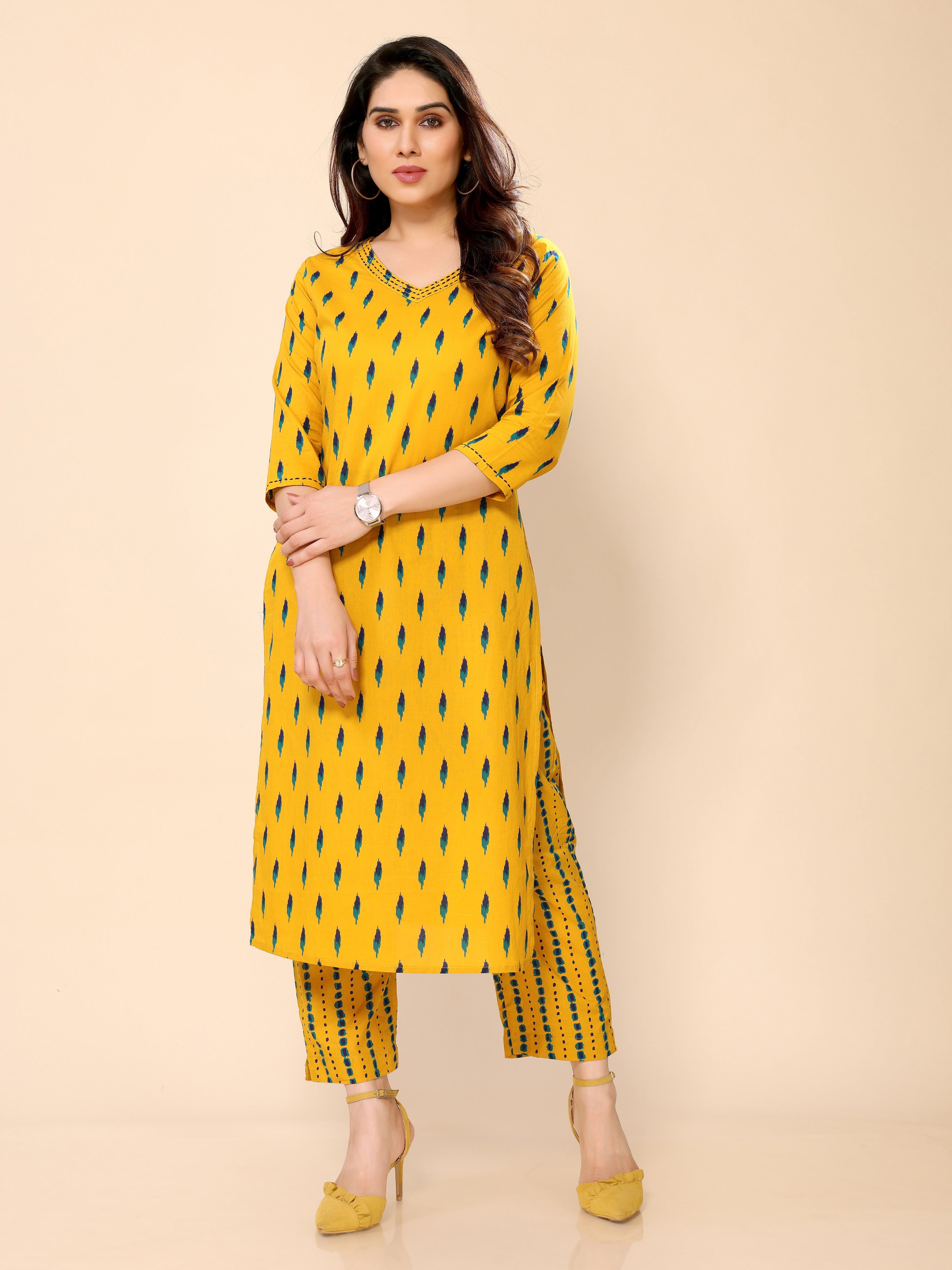 Mustard Printed Cotton Kurta with Trouser Pant