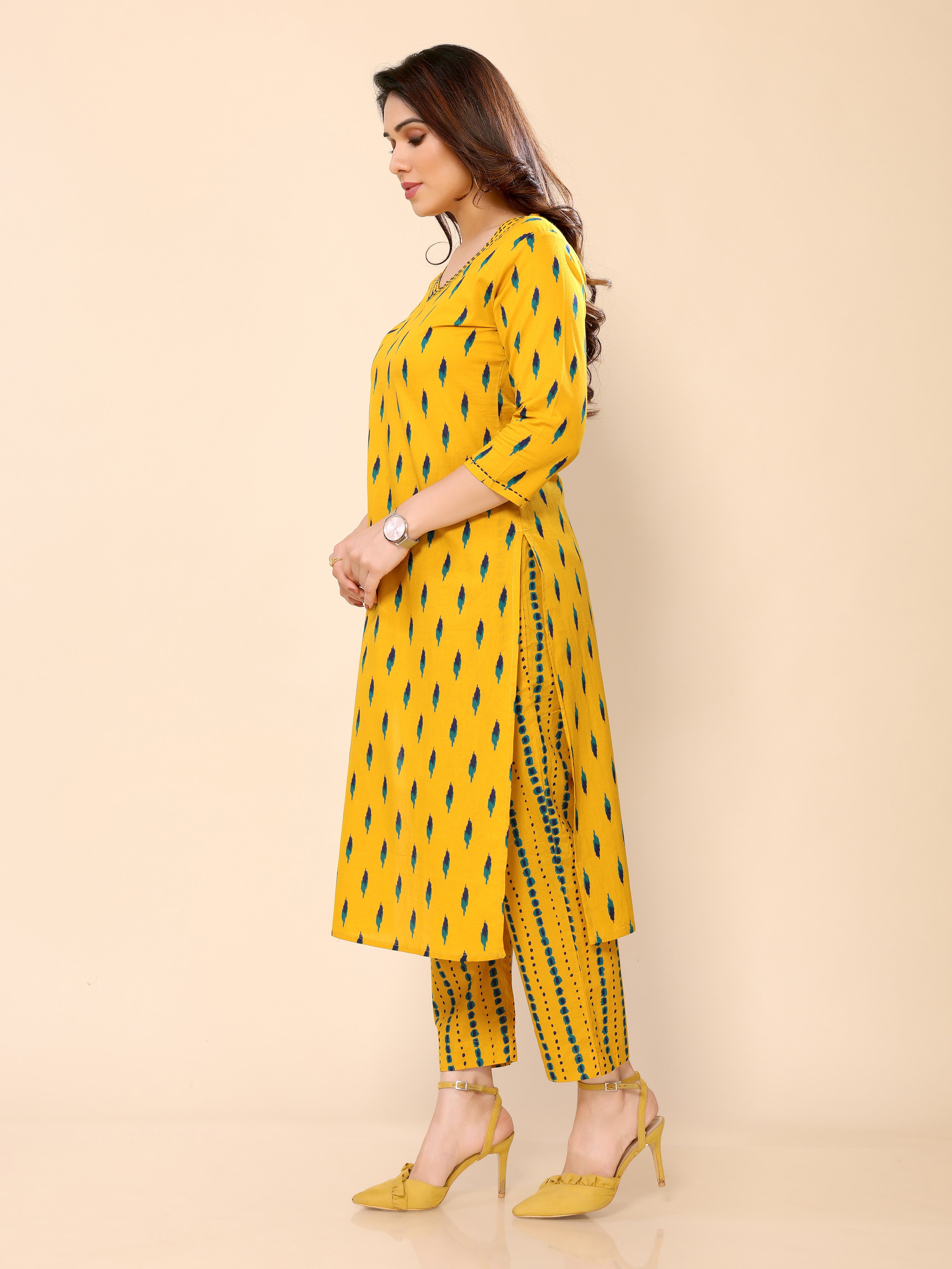 Mustard Printed Cotton Kurta with Trouser Pant