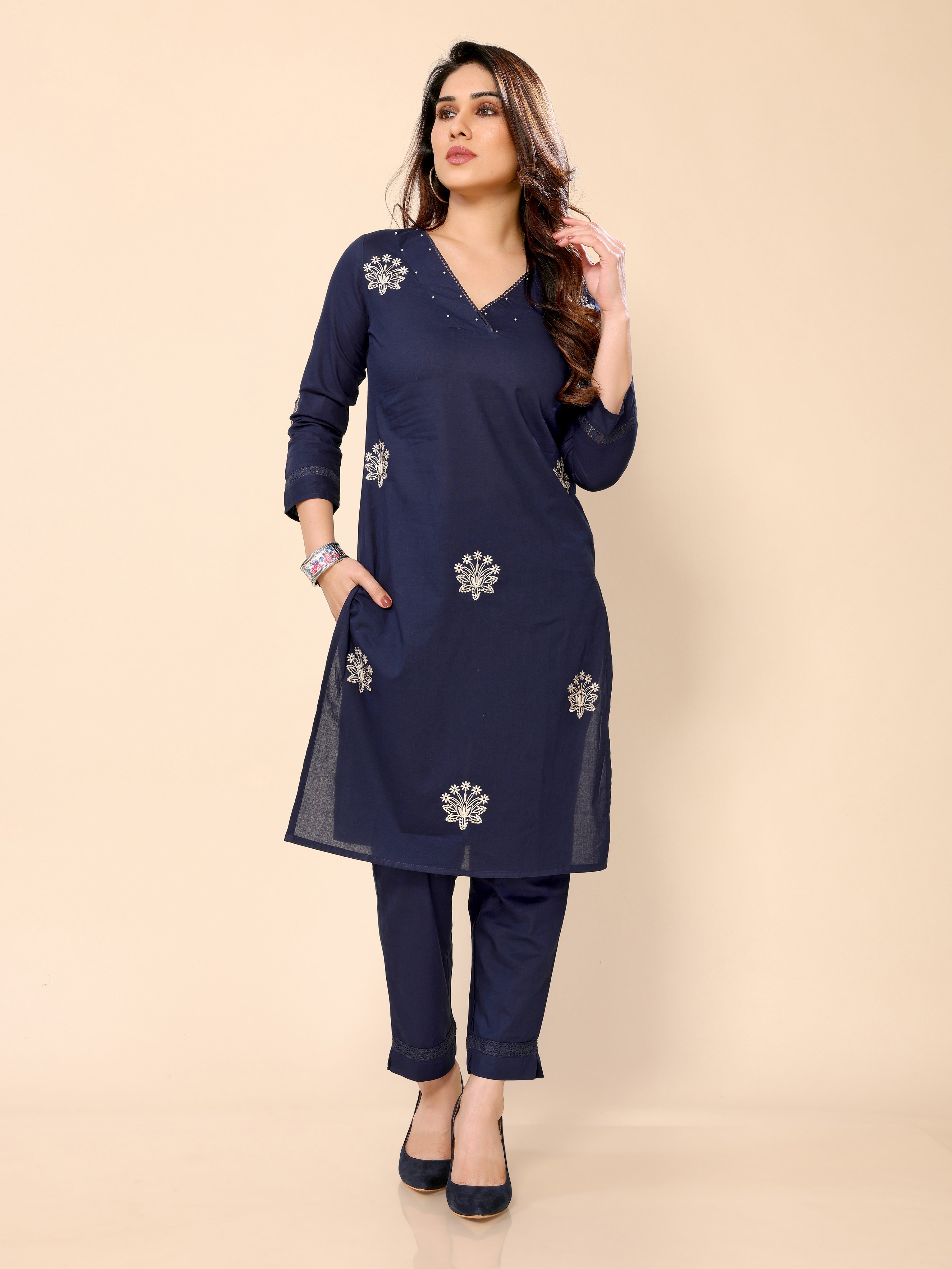 Navy Blue Embroidered Cotton Kurta with Three-Quarter Sleeves and Matching Pants