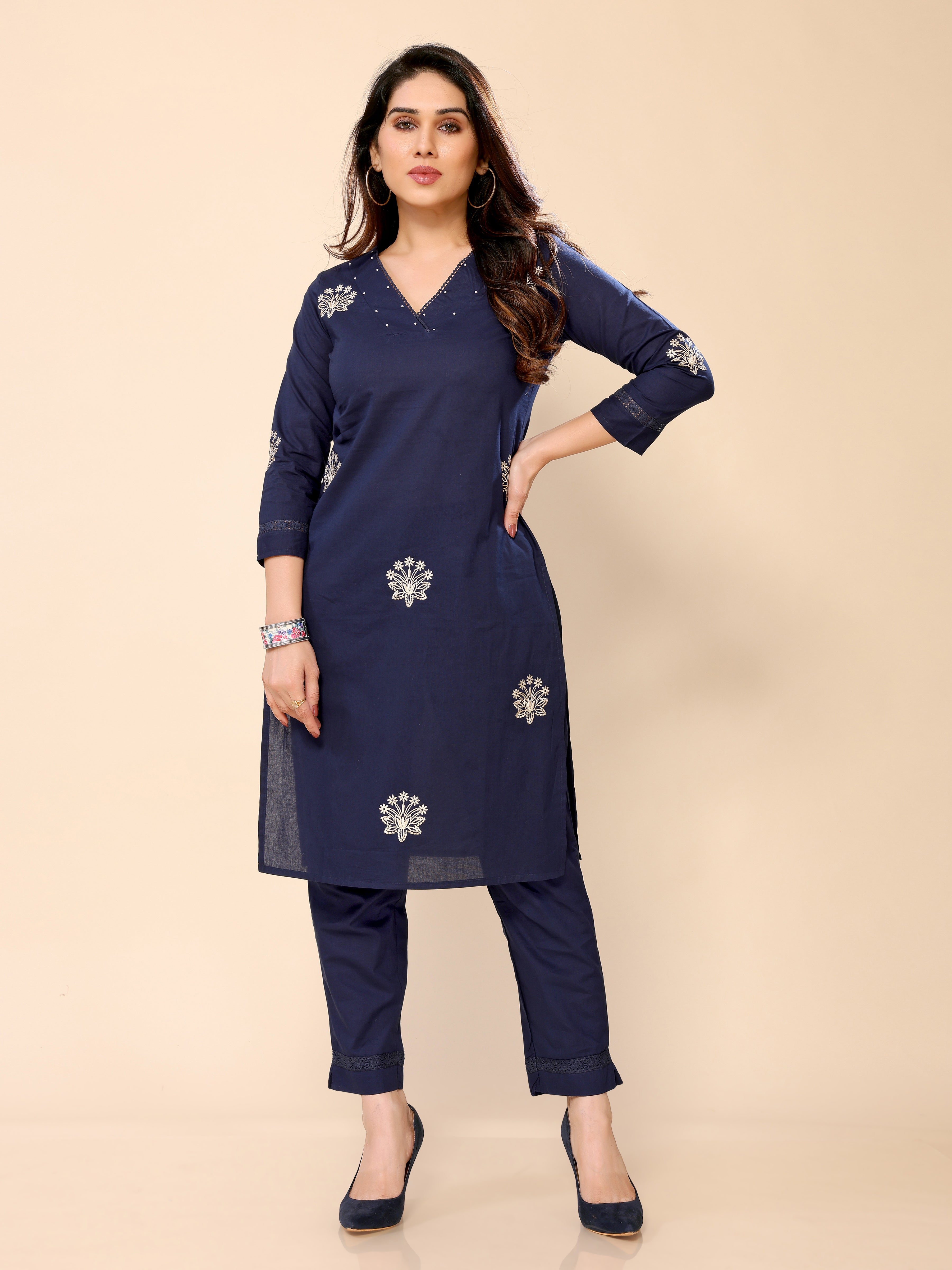 Navy Blue Embroidered Cotton Kurta with Three-Quarter Sleeves and Matching Pants