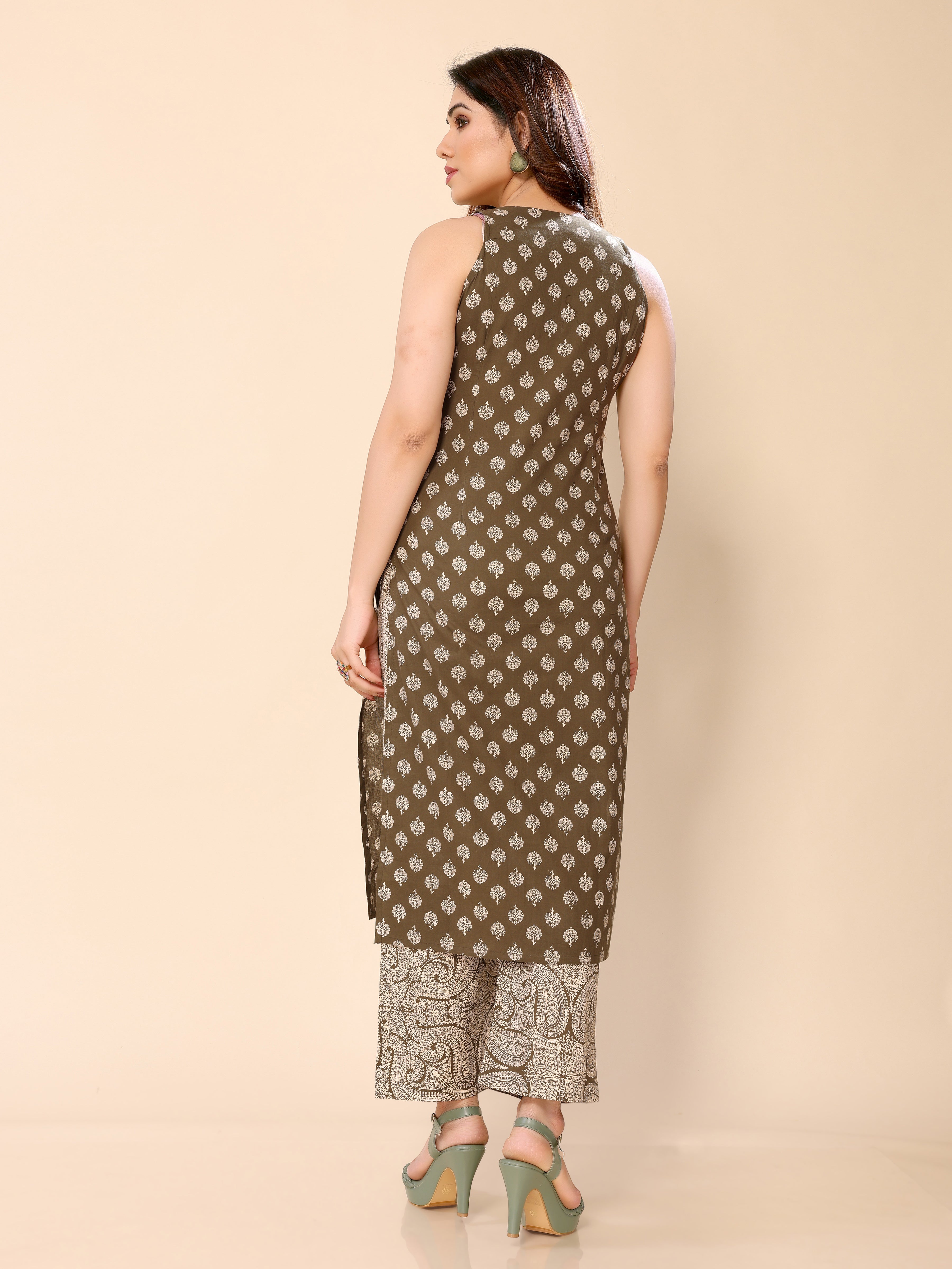Brown Cotton Katha Work with Sequence Kurti with Pant with Side Pocket