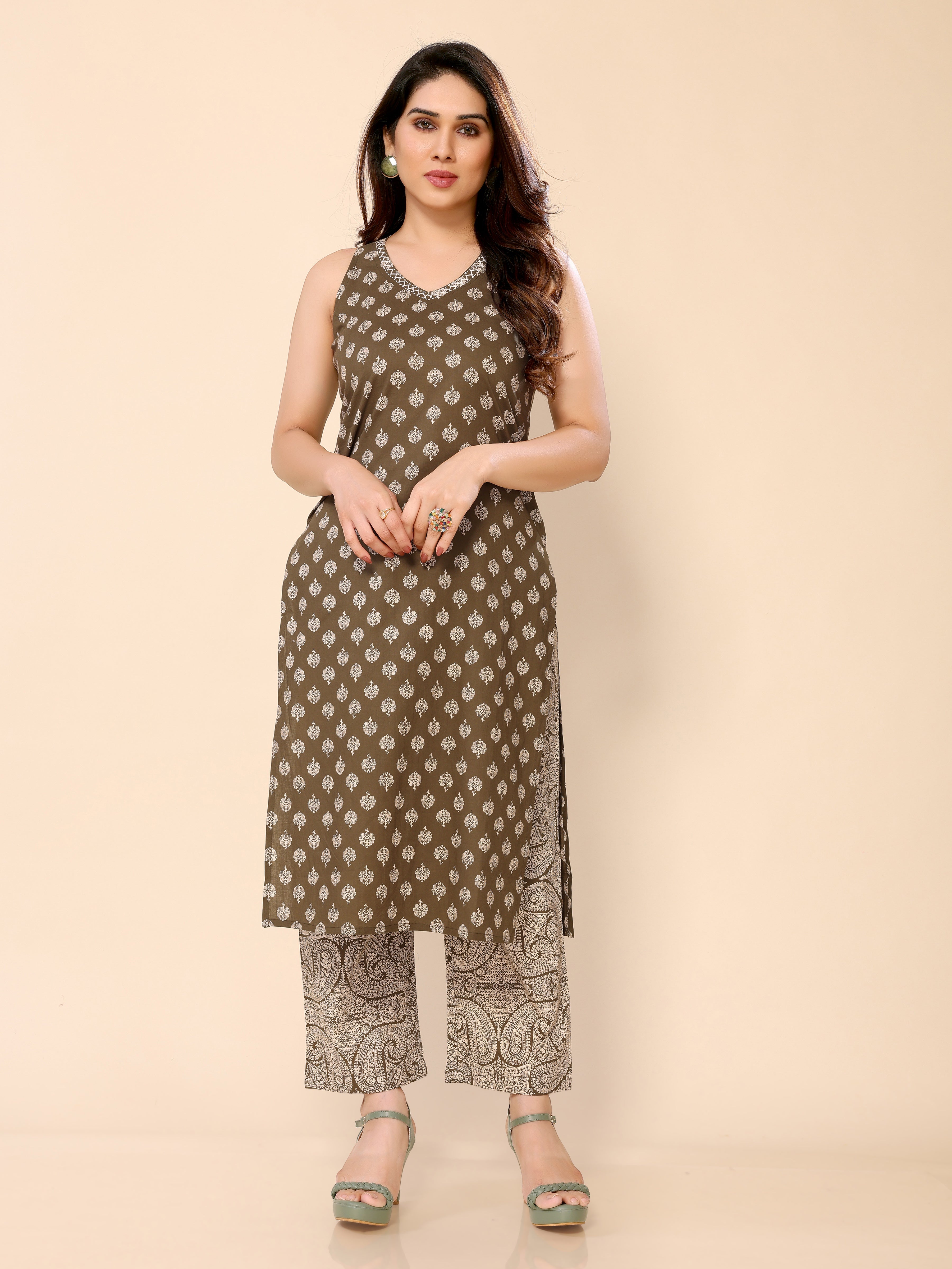 Brown Cotton Katha Work with Sequence Kurti with Pant with Side Pocket