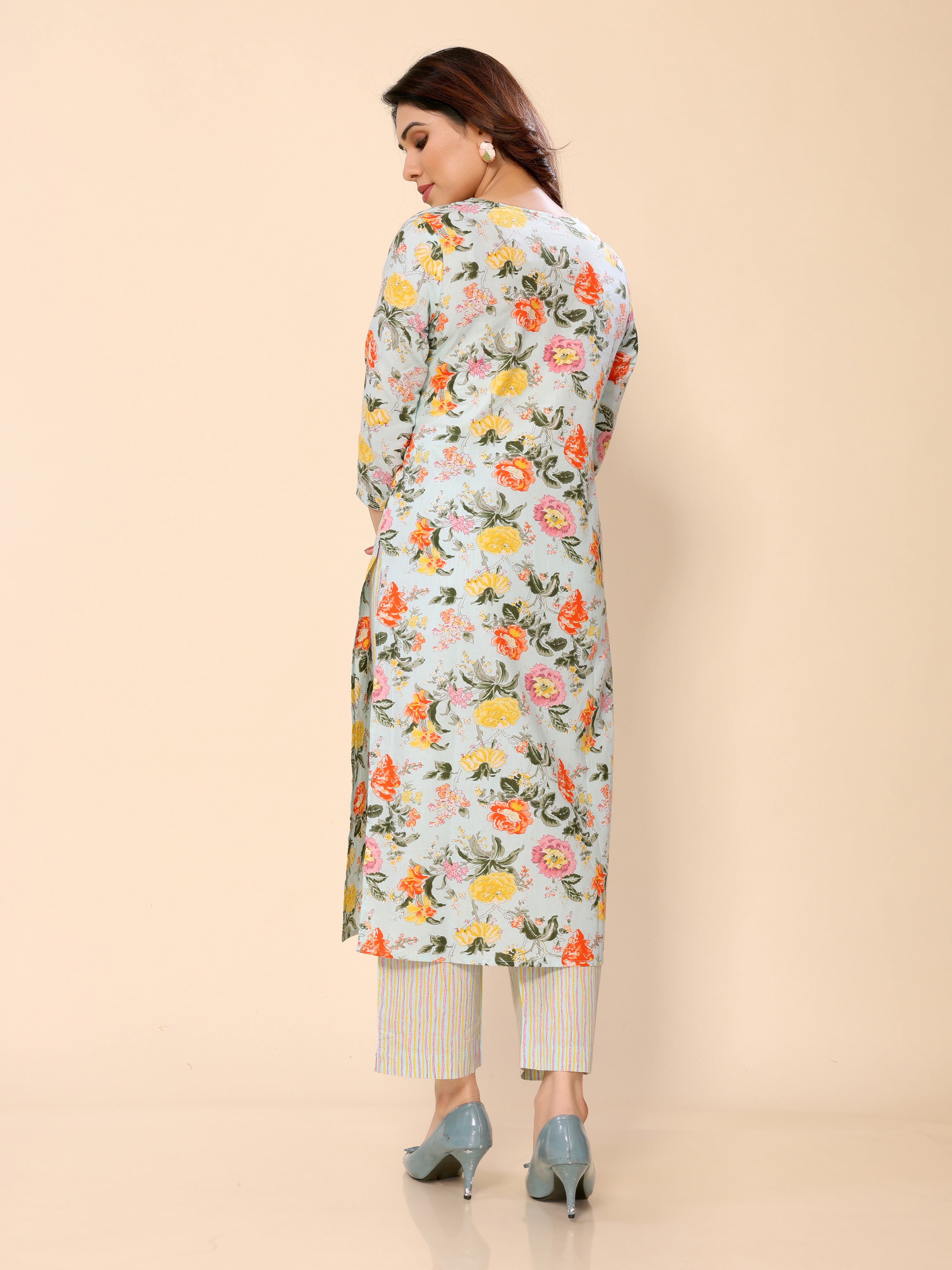 Light Blue Floral Printed Cotton Kurta with Trousers