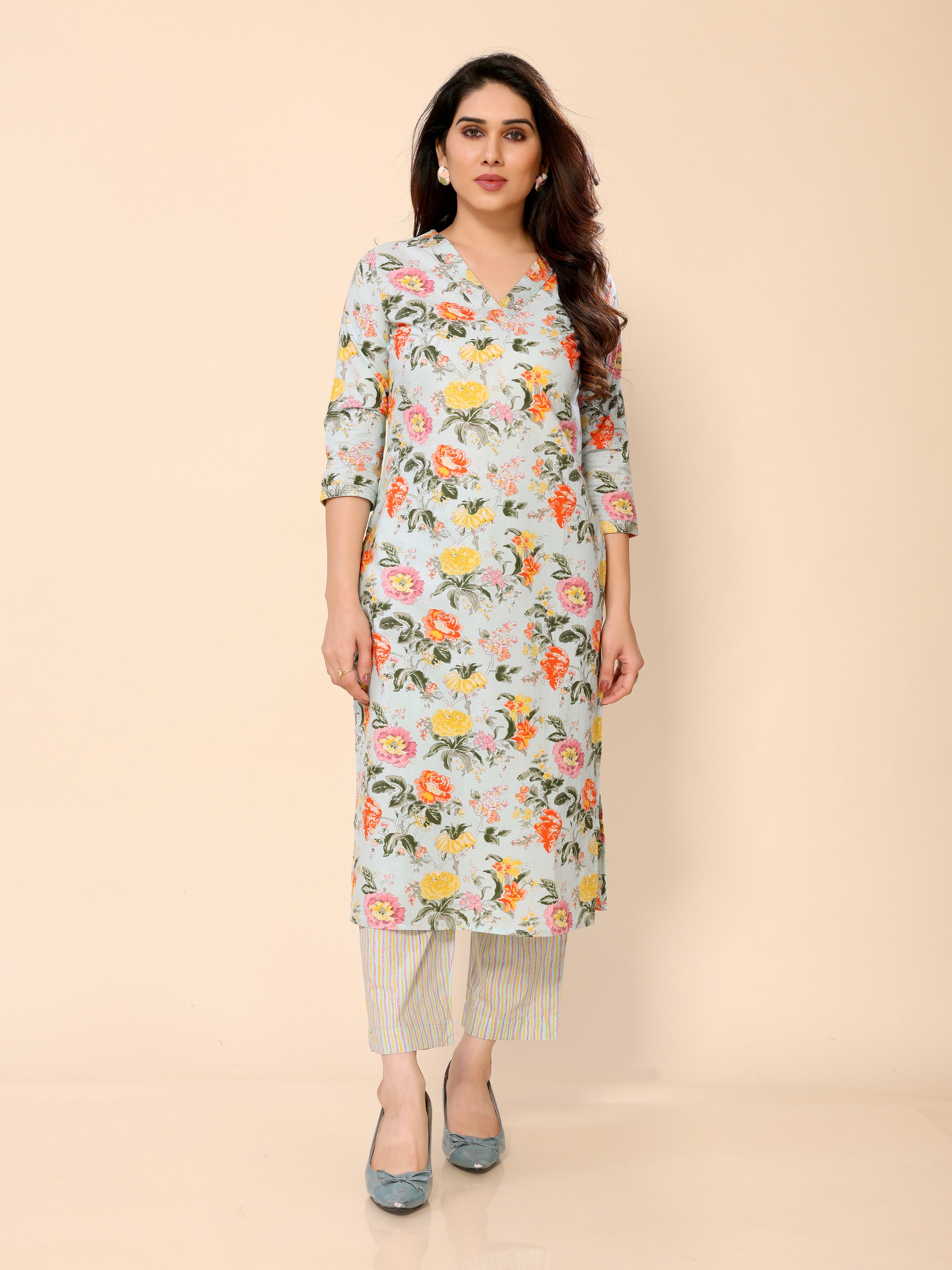 Light Blue Floral Printed Cotton Kurta with Trousers