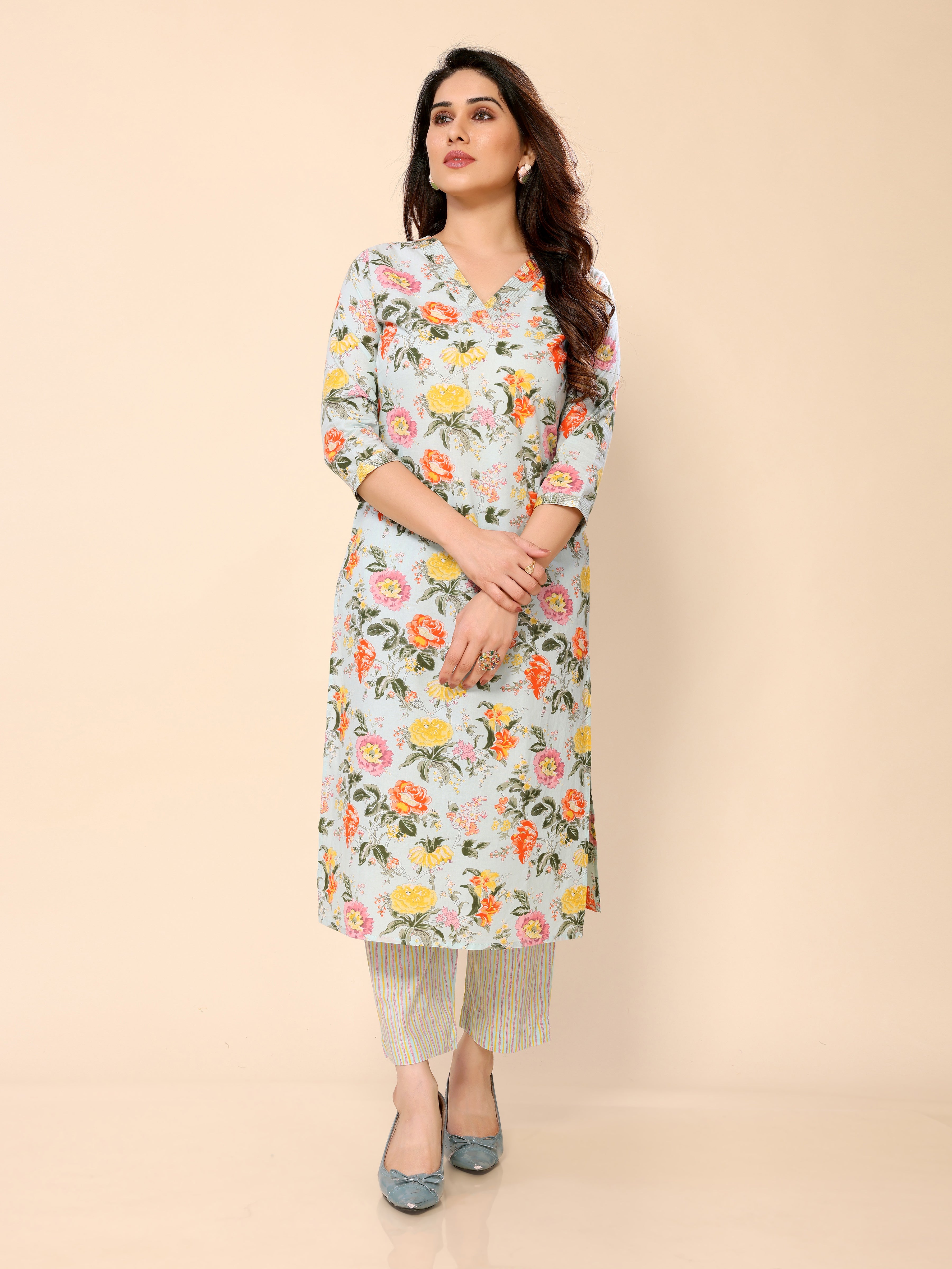 Light Blue Floral Printed Cotton Kurta with Trousers