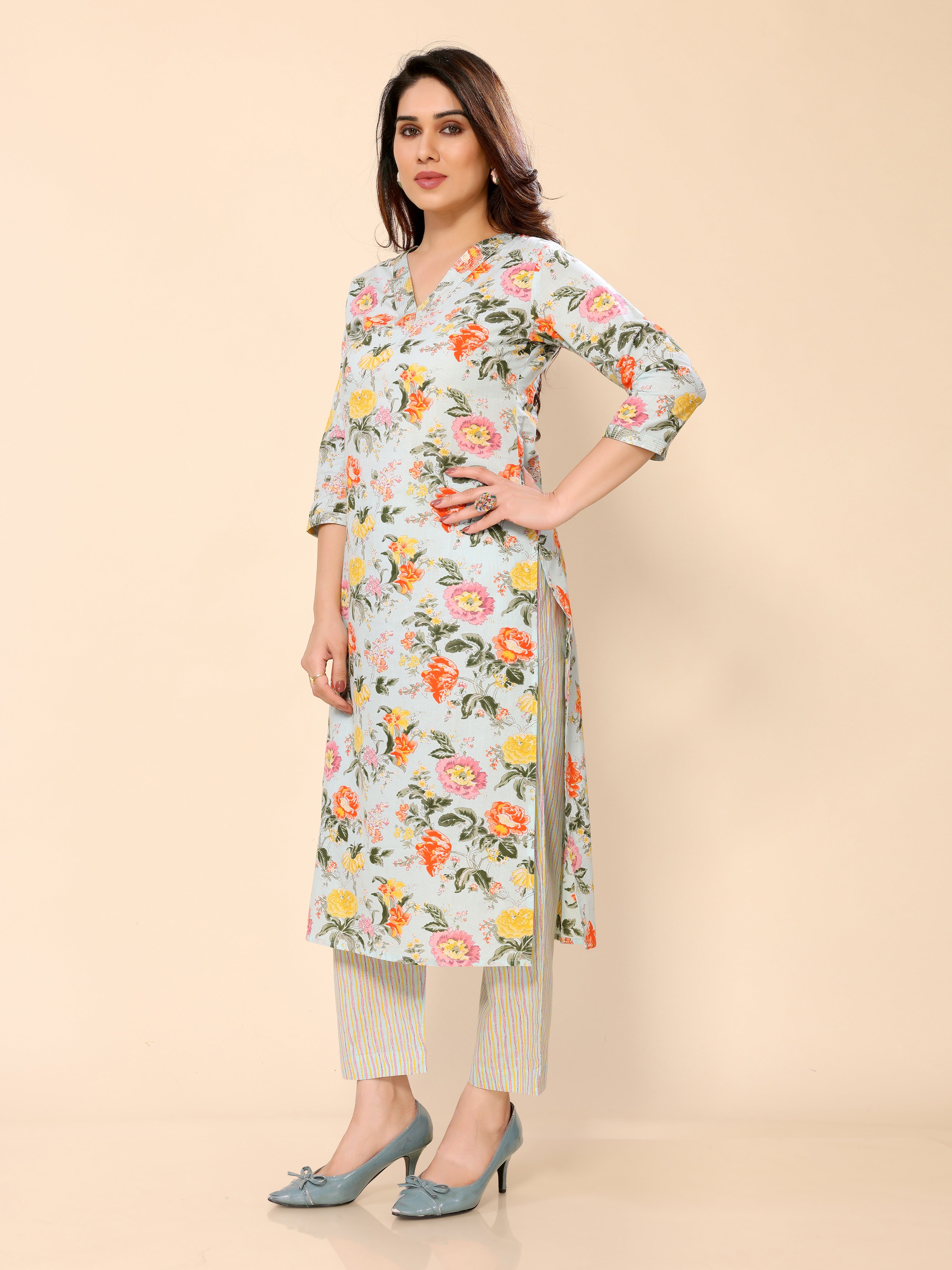 Light Blue Floral Printed Cotton Kurta with Trousers