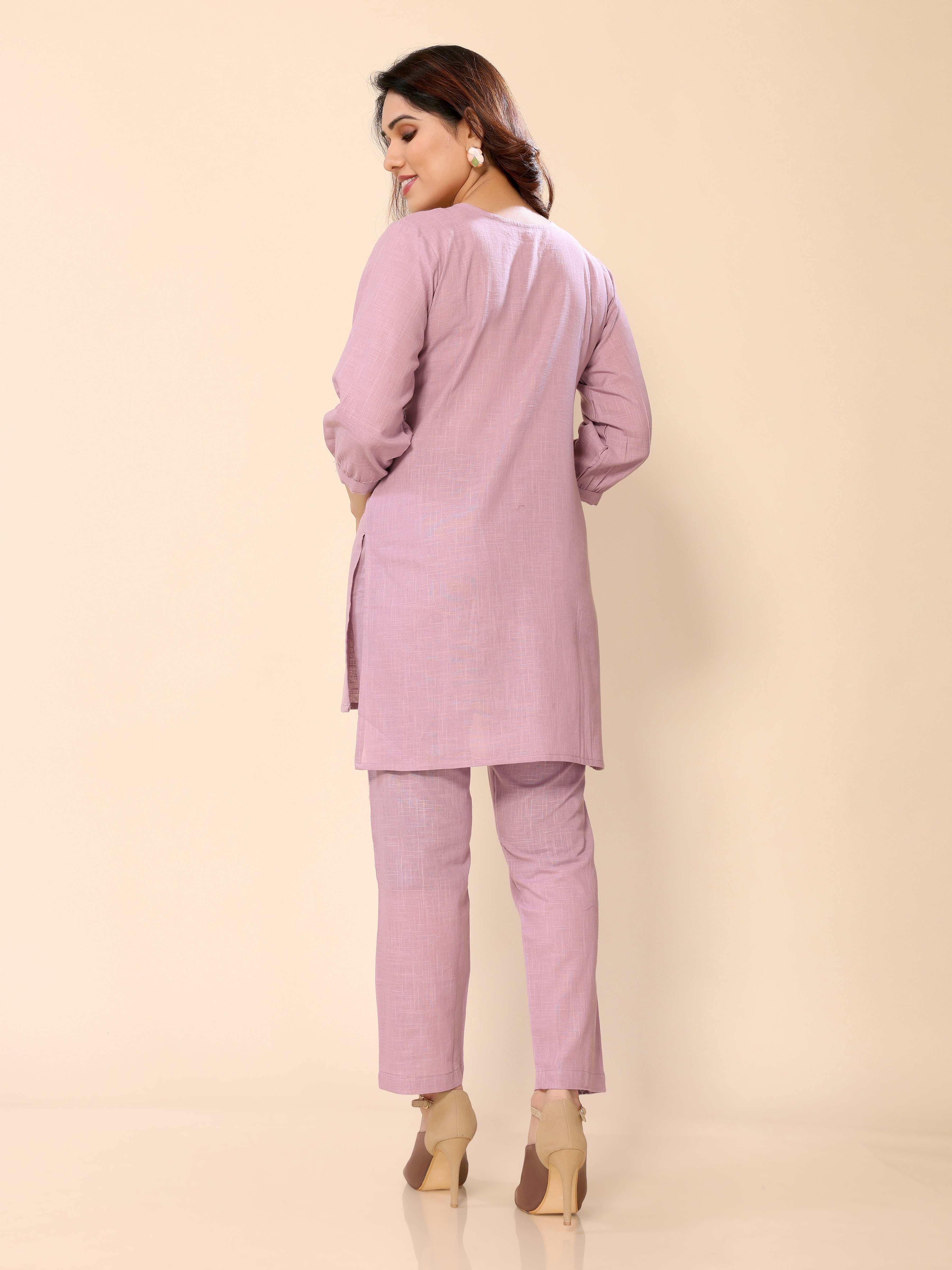 Pink Neck Yoke Embroidery Cotton Co-ords Set