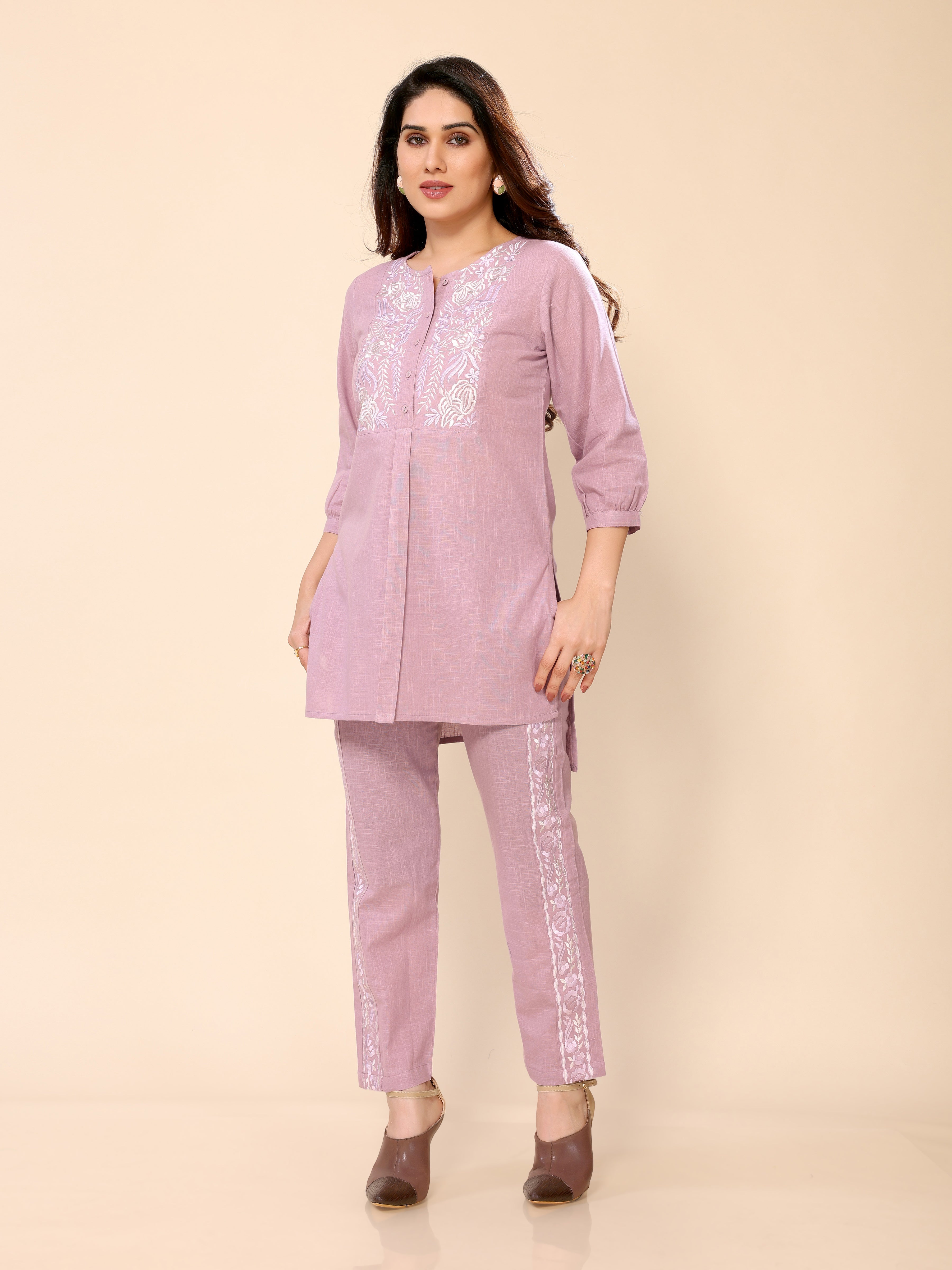 Pink Neck Yoke Embroidery Cotton Co-ords Set