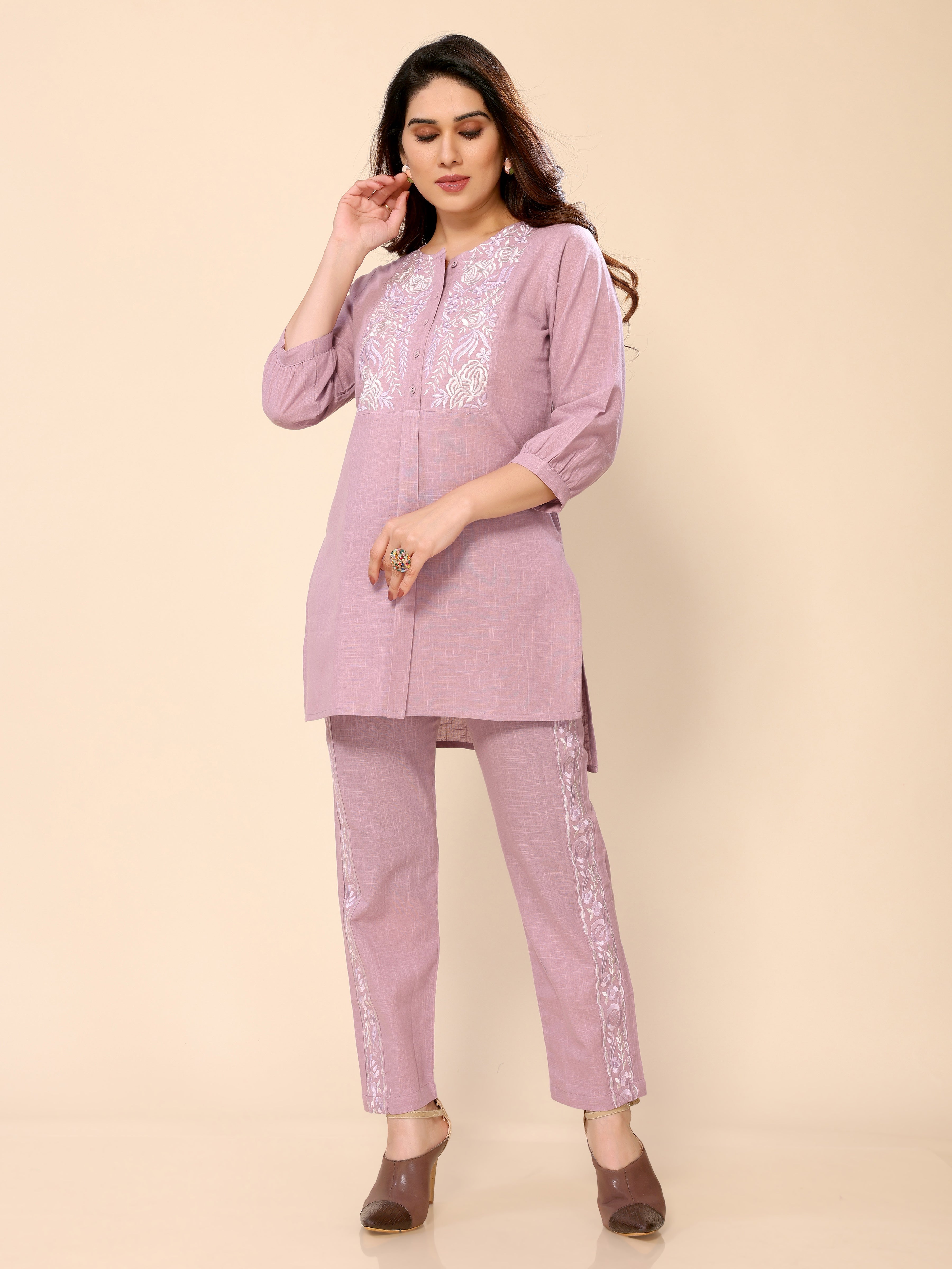 Pink Neck Yoke Embroidery Cotton Co-ords Set