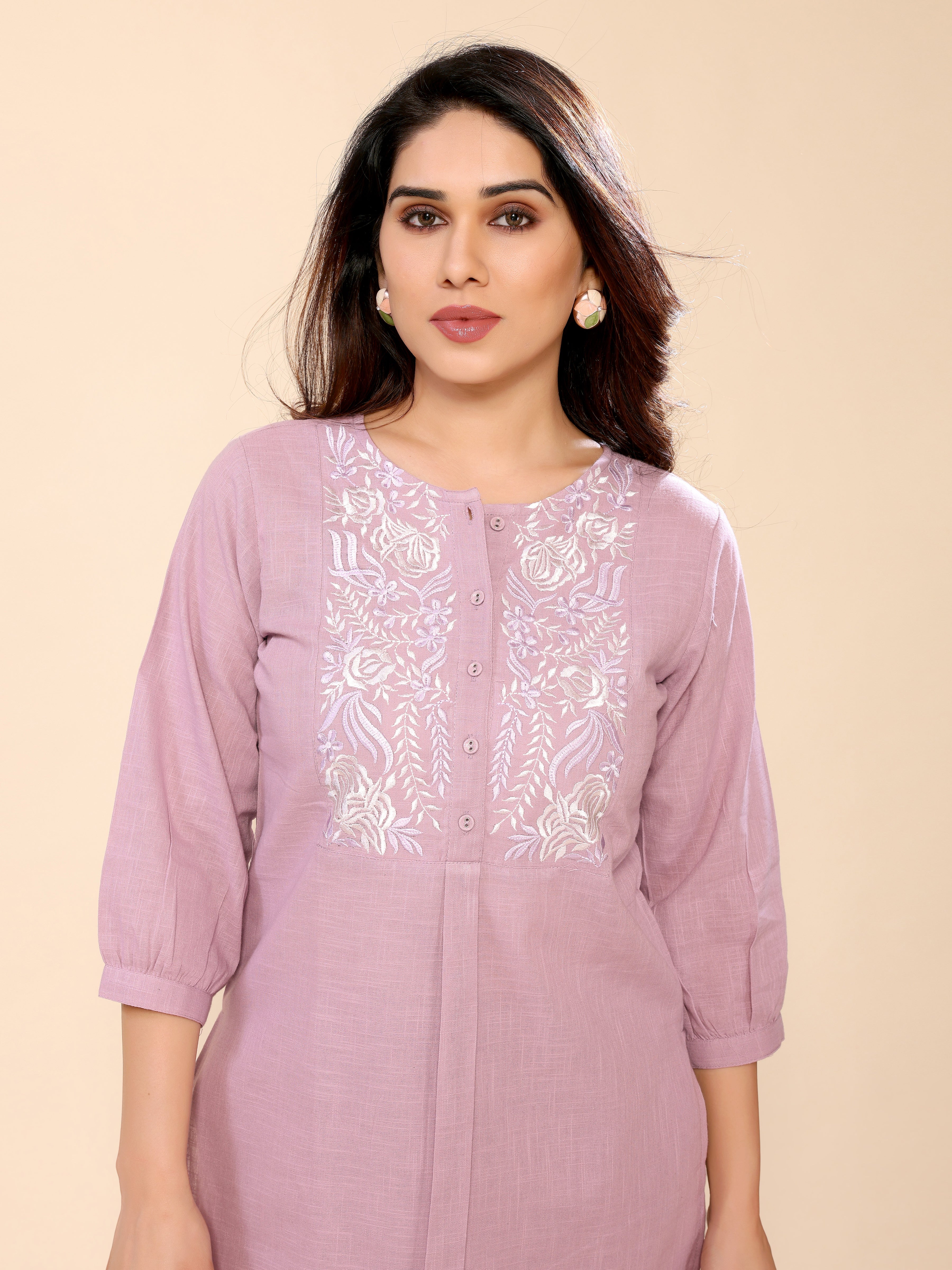 Pink Neck Yoke Embroidery Cotton Co-ords Set