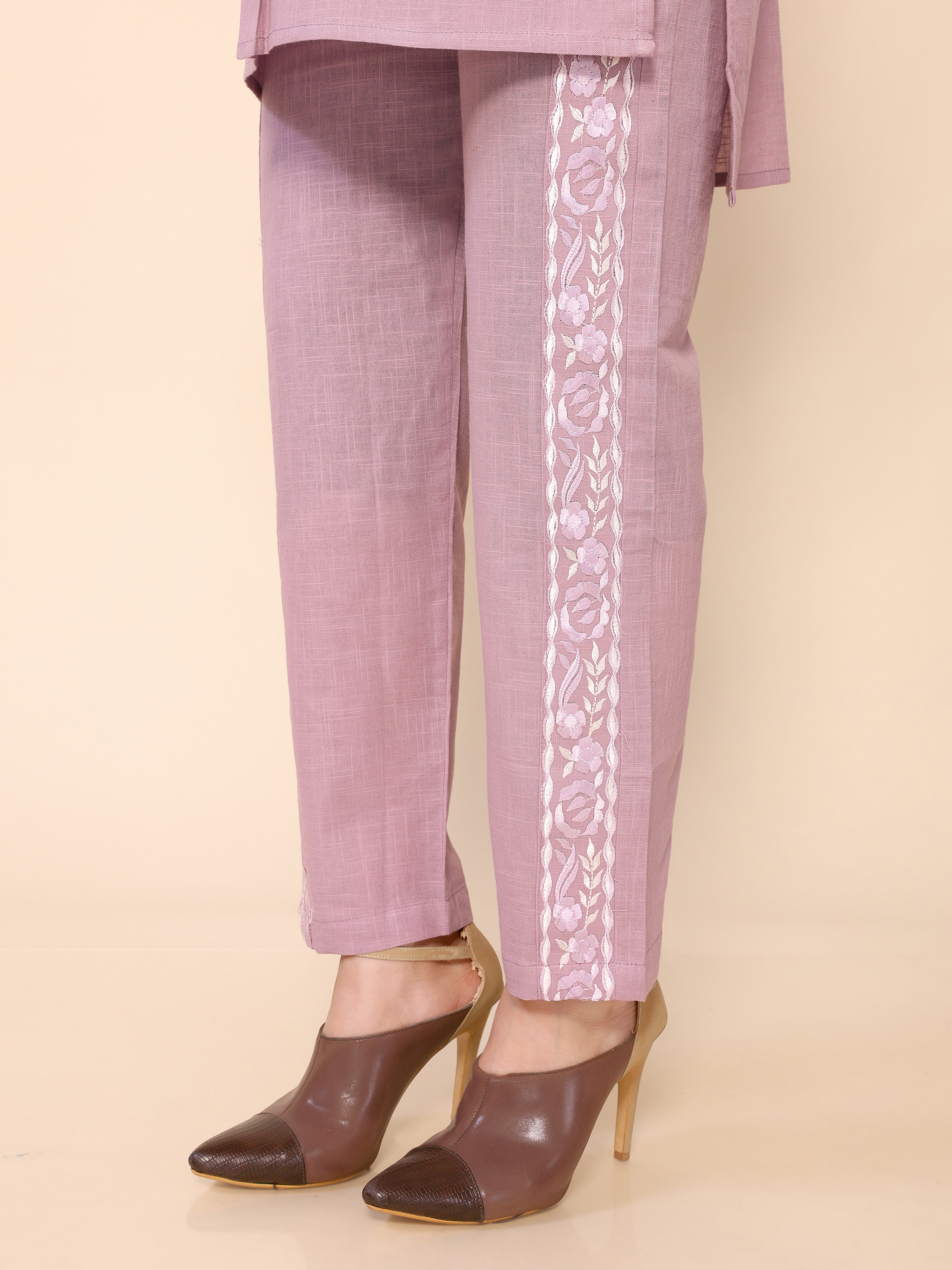 Pink Neck Yoke Embroidery Cotton Co-ords Set
