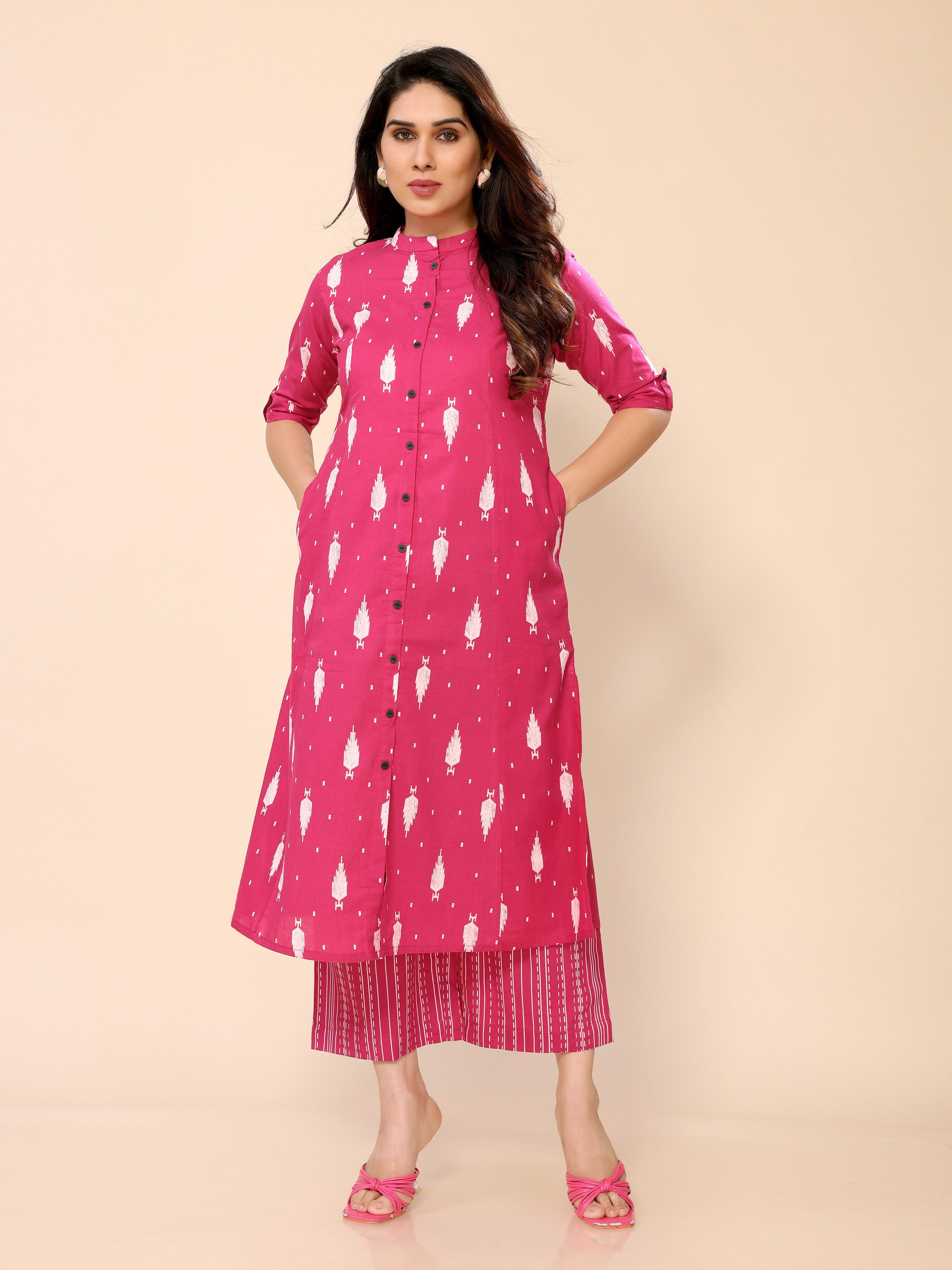 Pink Printed Cotton Kurta with Palazzo