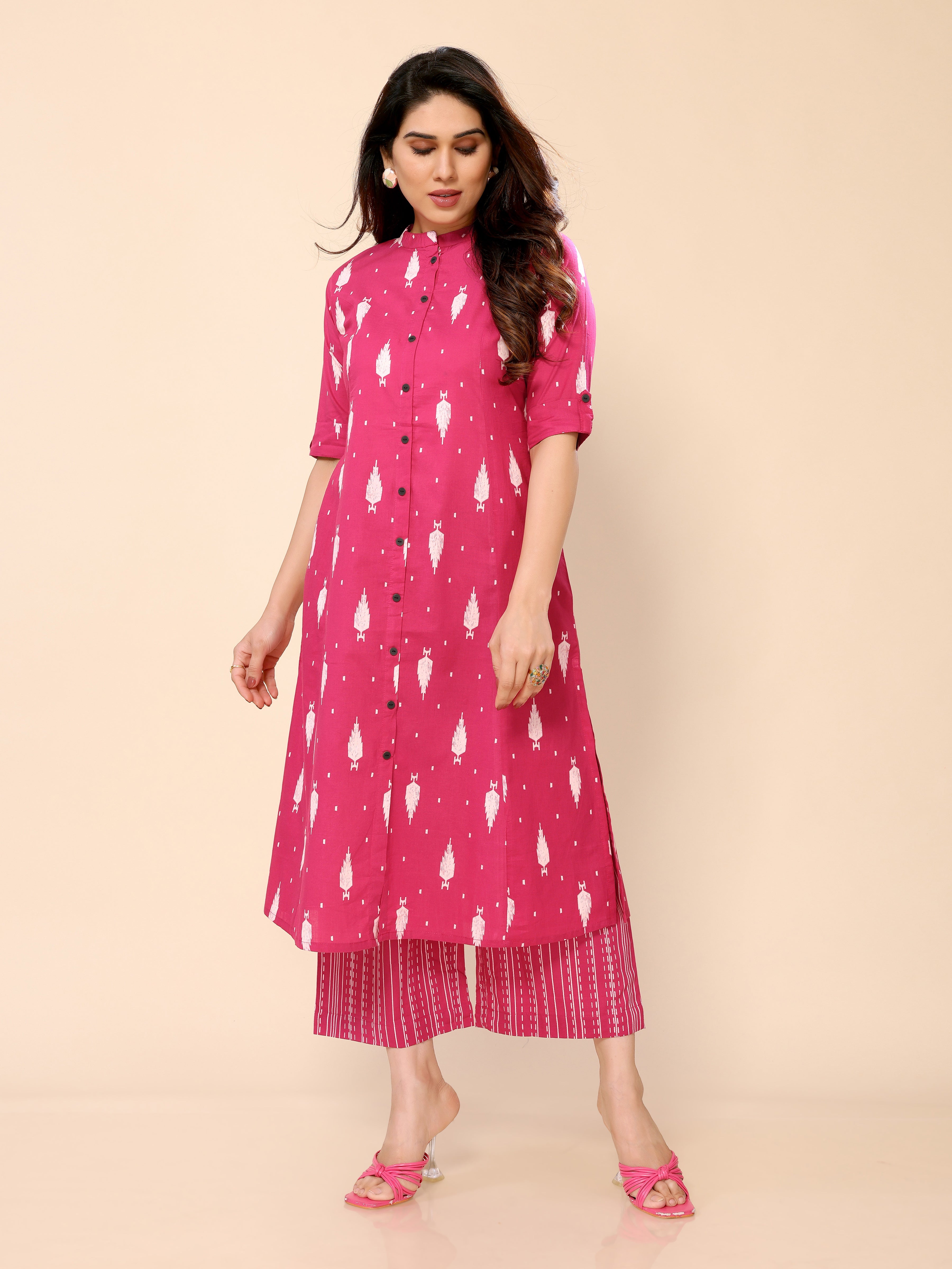 Pink Printed Cotton Kurta with Palazzo