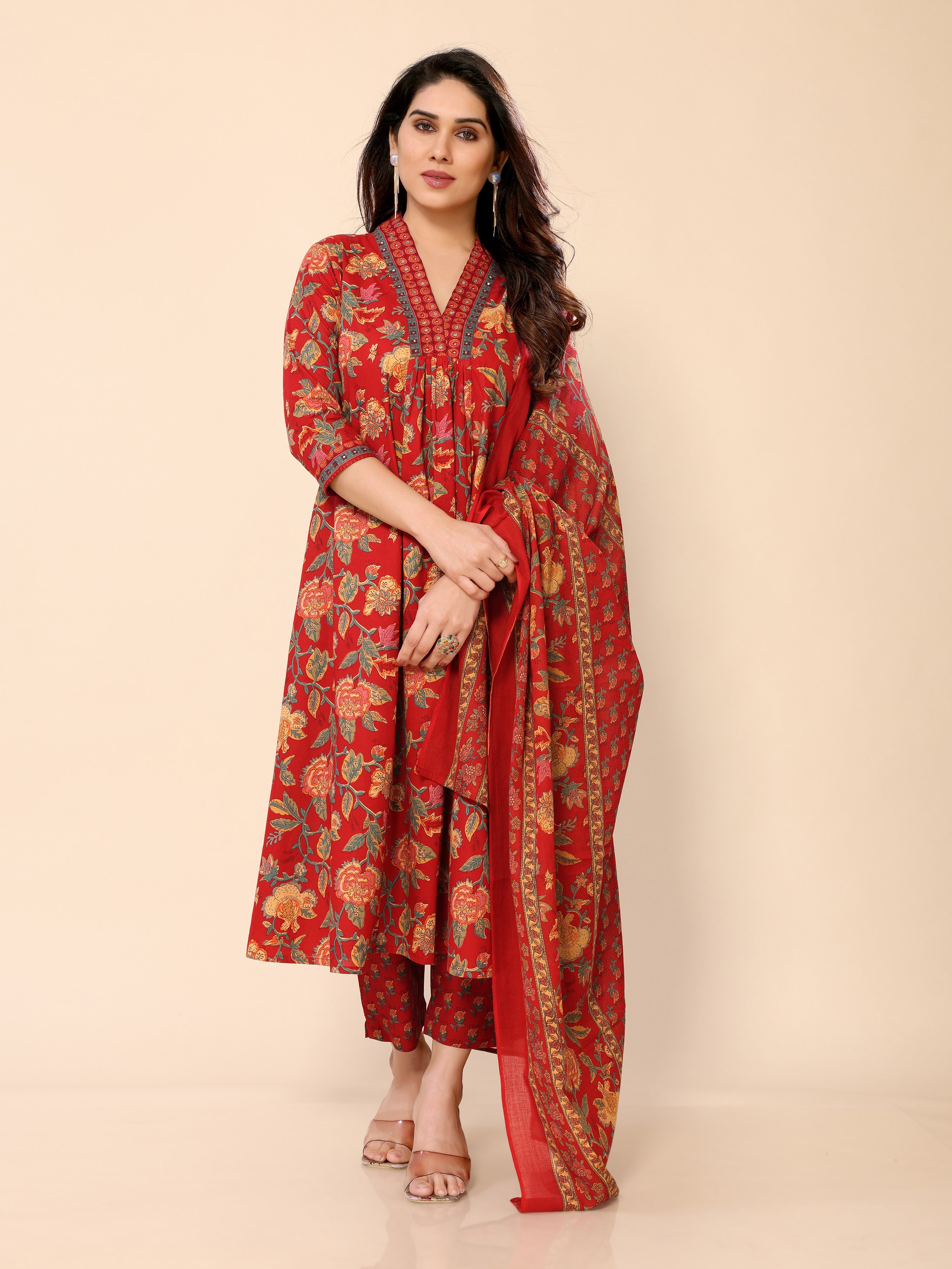 Red Floral Print V-Neck Flared Kurta with Palazzos & Dupatta