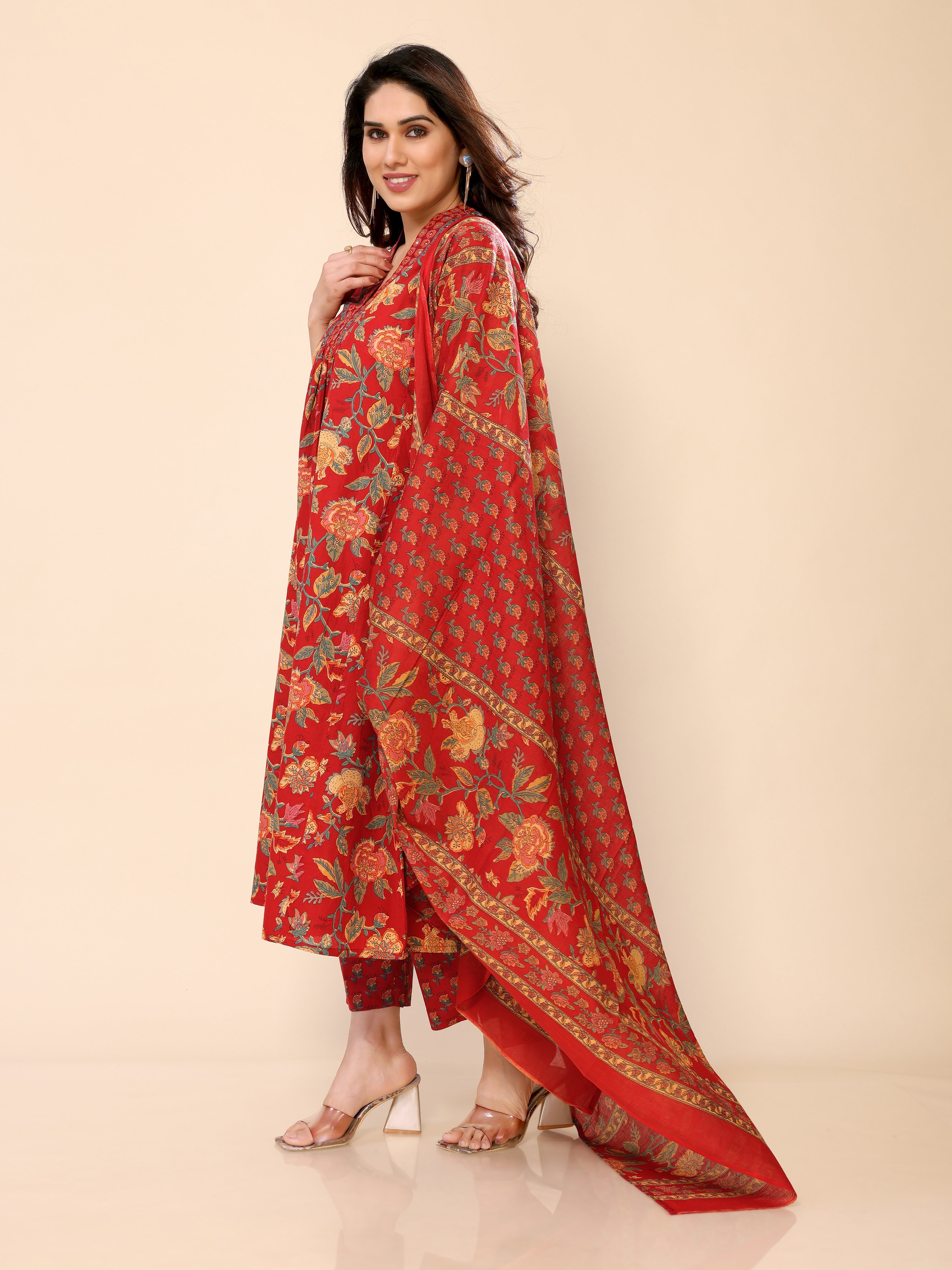 Red Floral Print V-Neck Flared Kurta with Palazzos & Dupatta